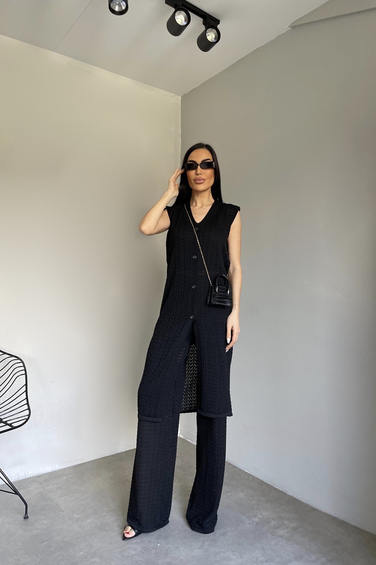 Siyah Yelek Pantolon Crop Bluz Üçlü Kadın Takım