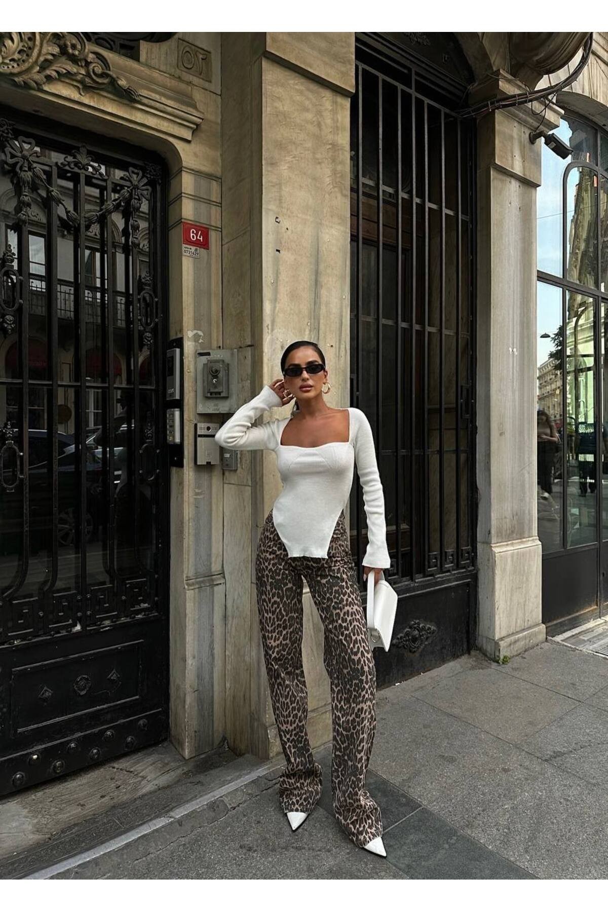 Kadın Leopar Desenli Flare Jean