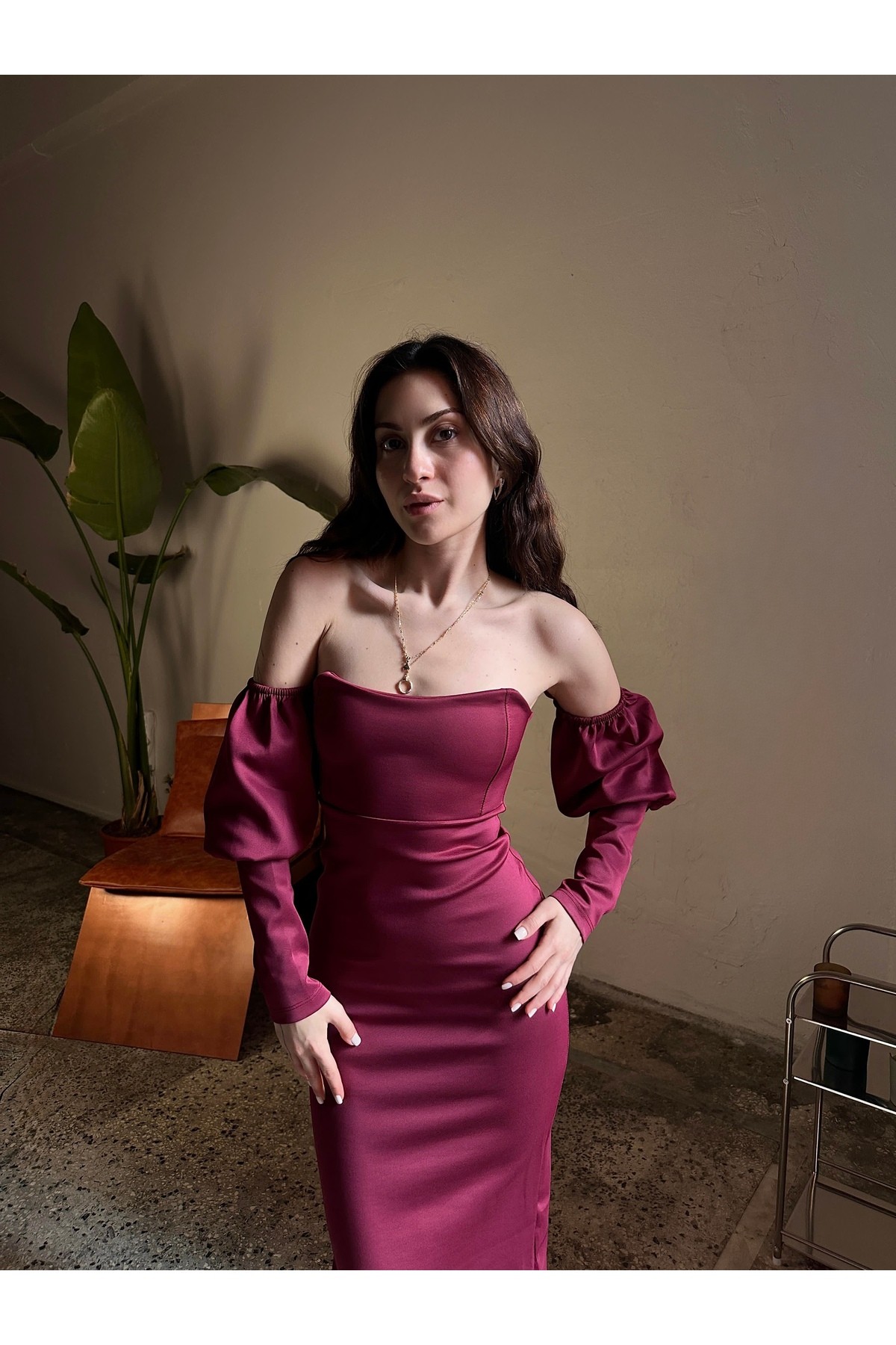 Prenses Kol Detaylı Bordo, Midi Elbise