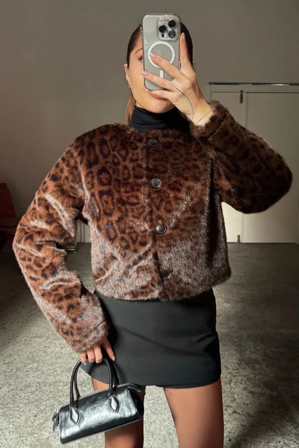 Süet Astarlı, Leopar Desen Kısa Kürklü Ceket