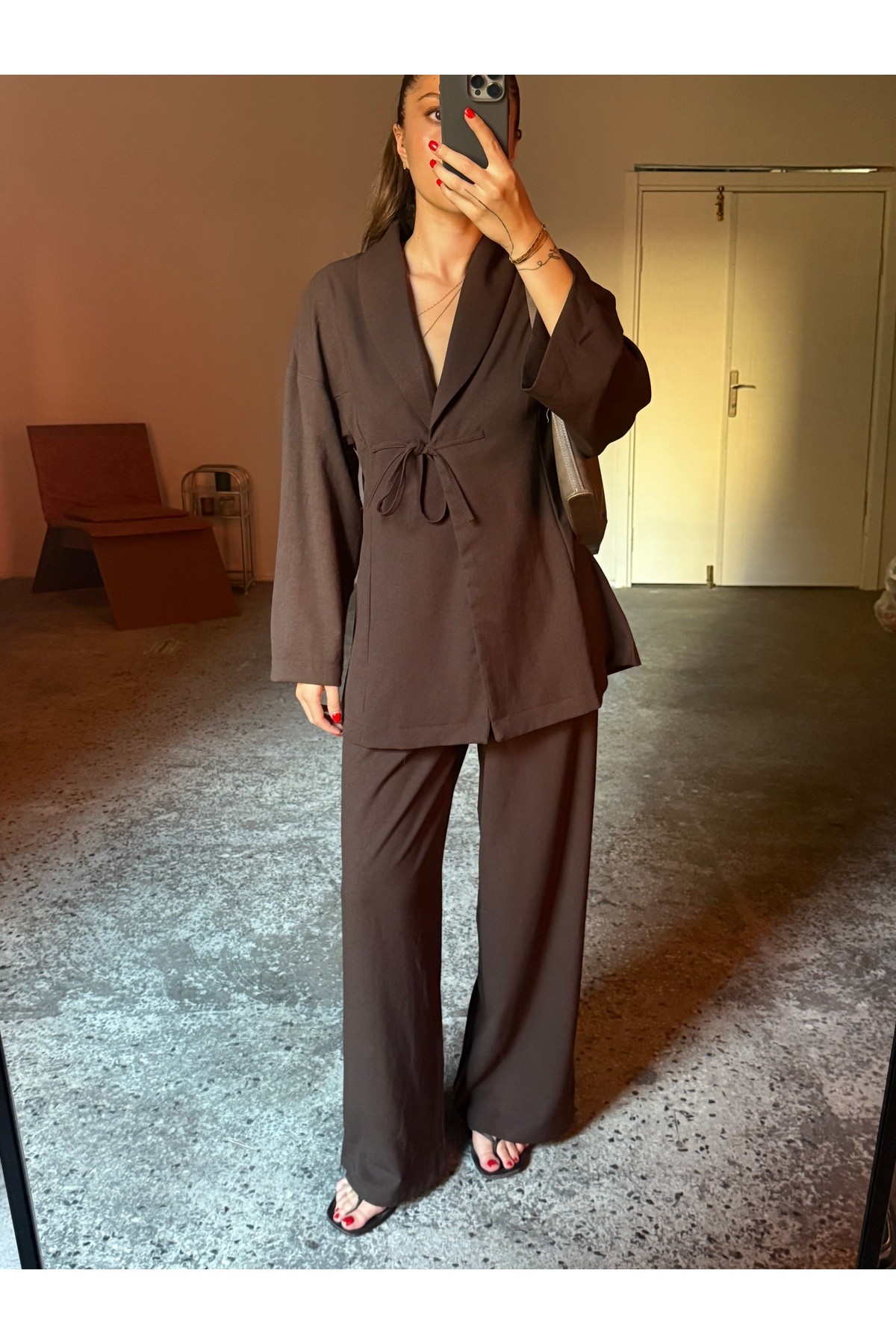 Bağcıklı blazer-lastikli pantolon poplin 2’li takım
