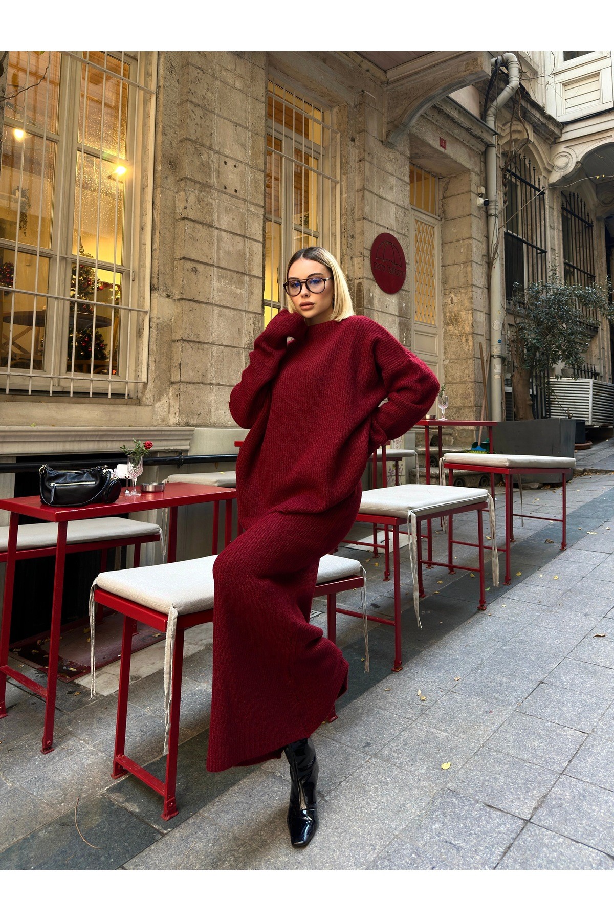 Dik Yaka Kazak - Maxi Etek 2'li Oversize Triko Takım