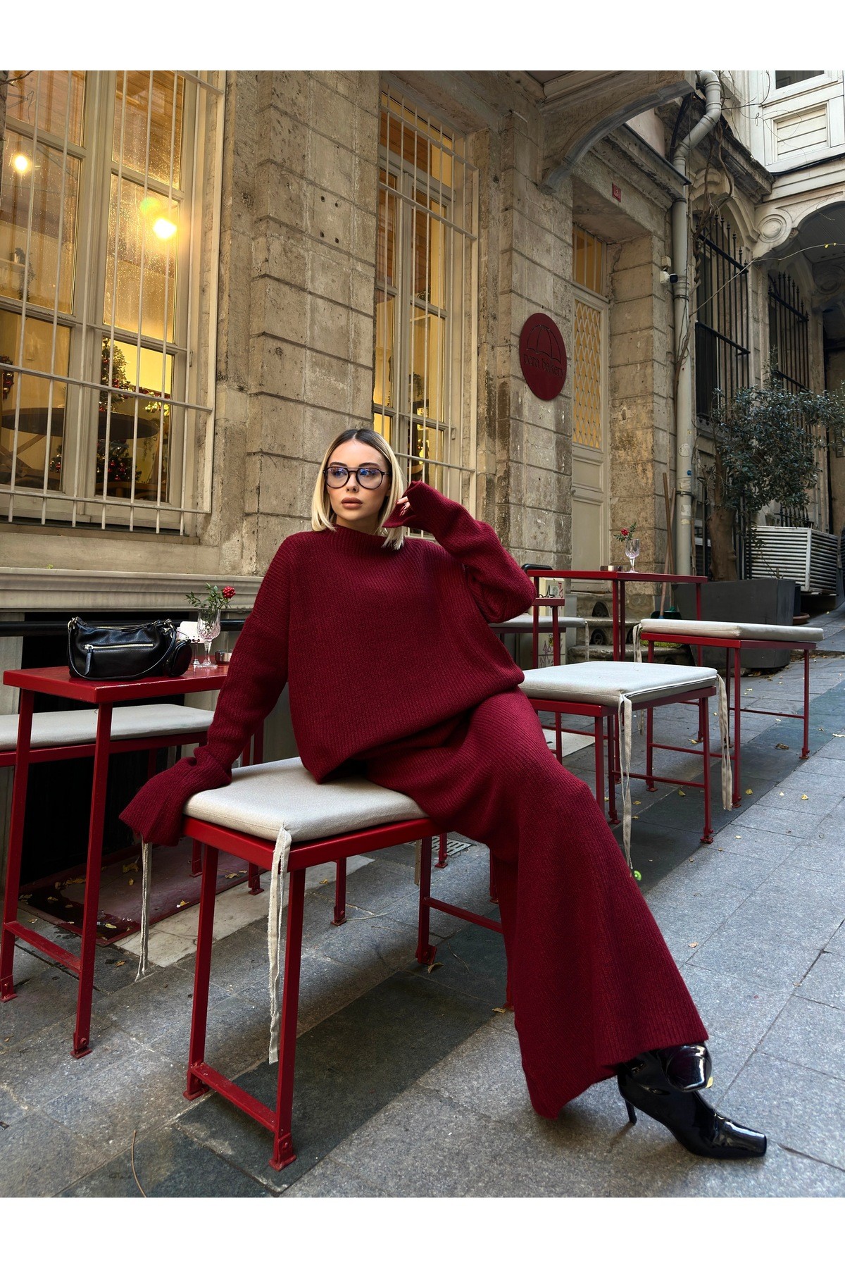 Dik Yaka Kazak - Maxi Etek 2'li Oversize Triko Takım