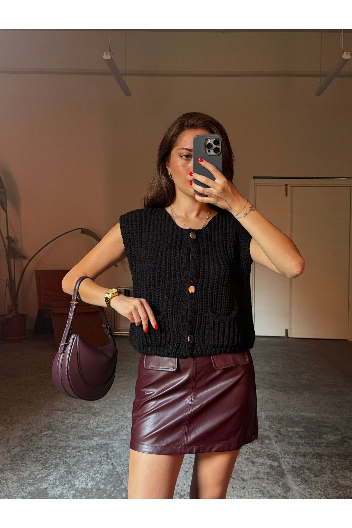 Bordo Cepli Mini Deri Etek