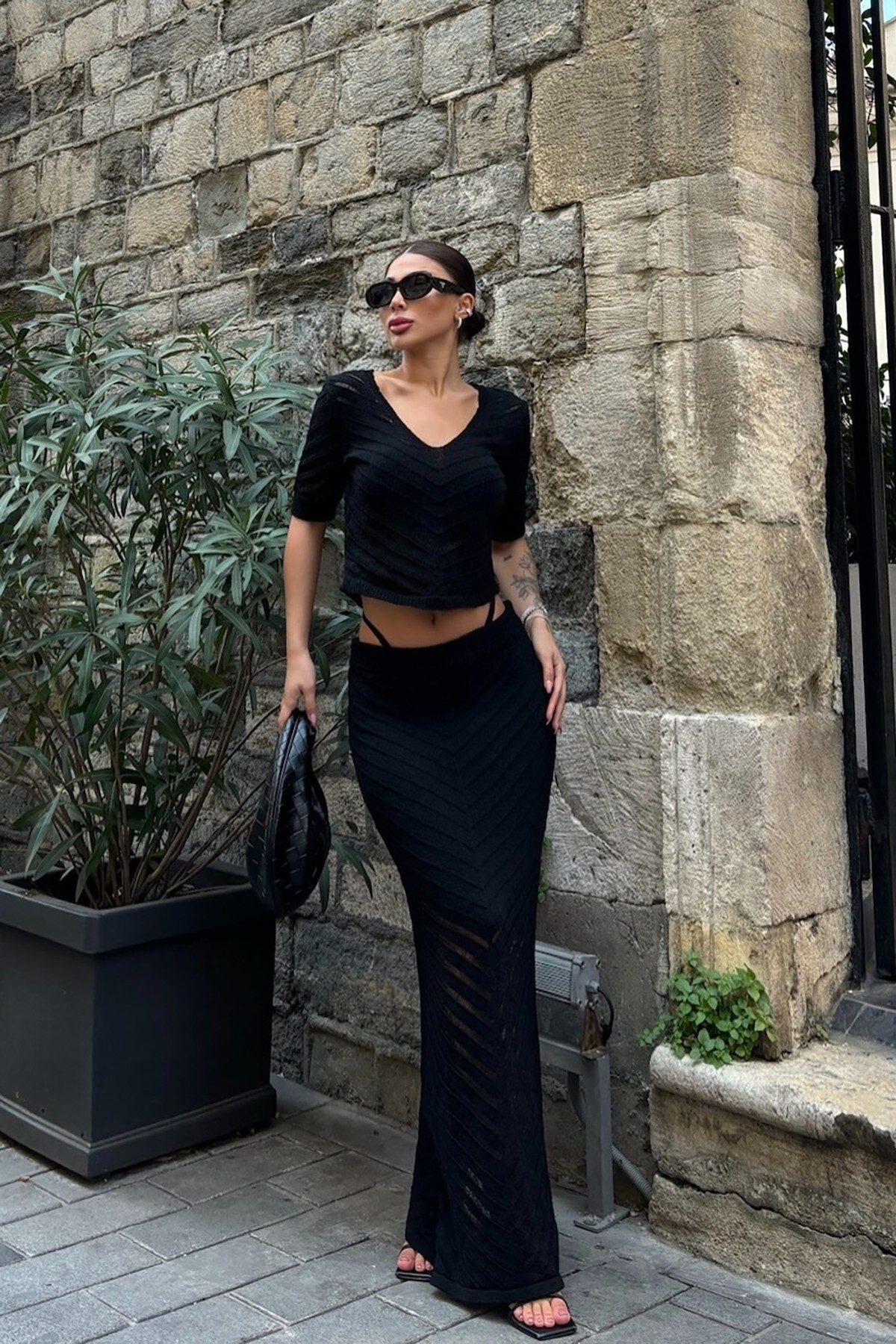 Ajurlu Beyaz Triko Crop Elbise