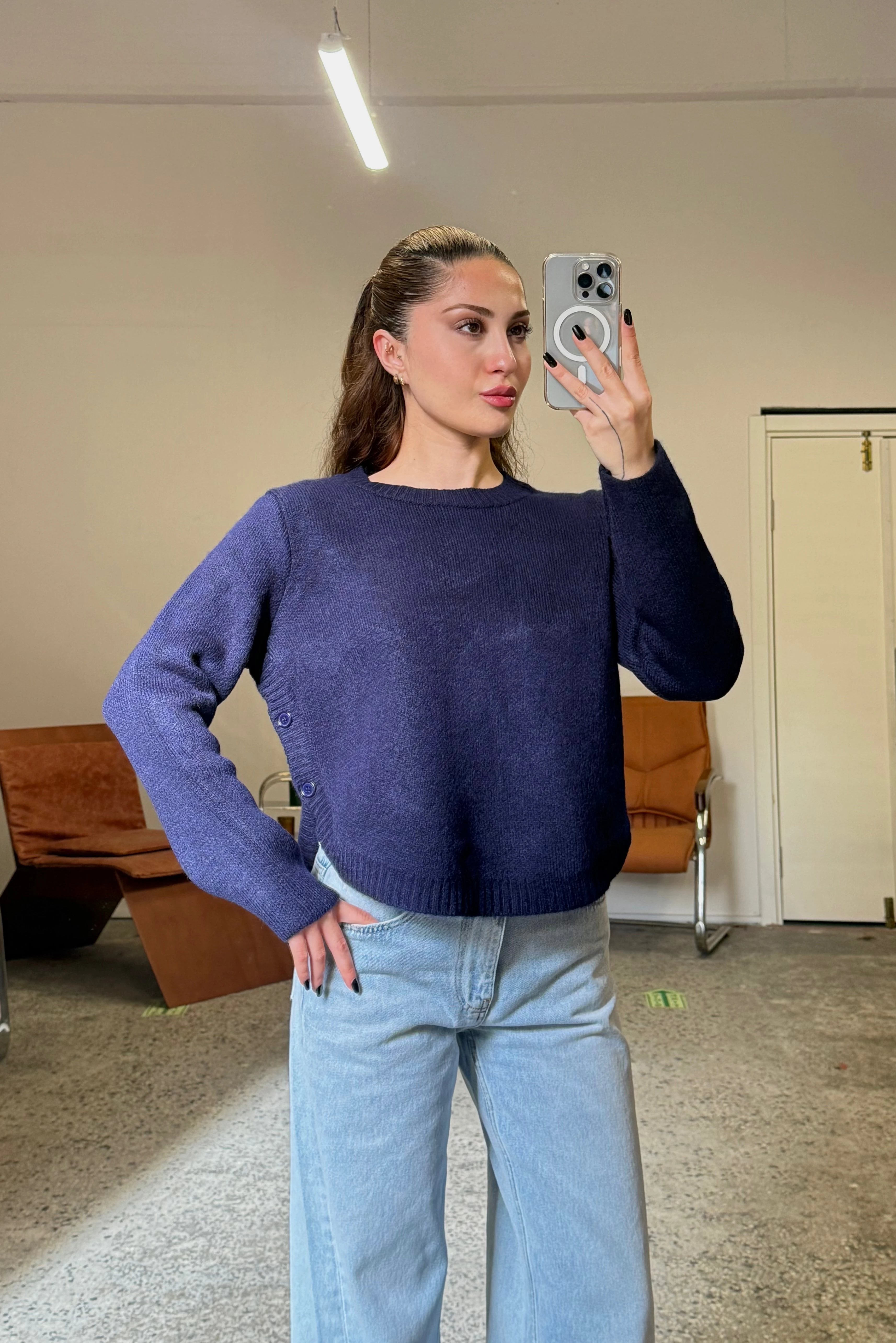 Yanı Düğmeli Bisiklet Yaka Kazak