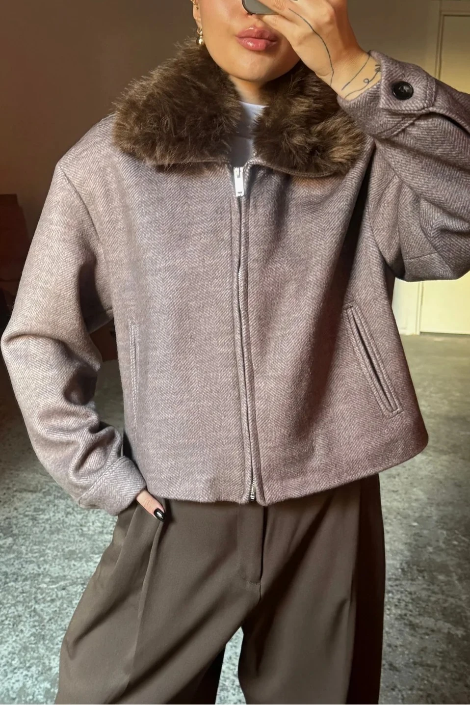 Yünlü, Yakası Çıkarılabilir Kürklü Fermuarlı Mont