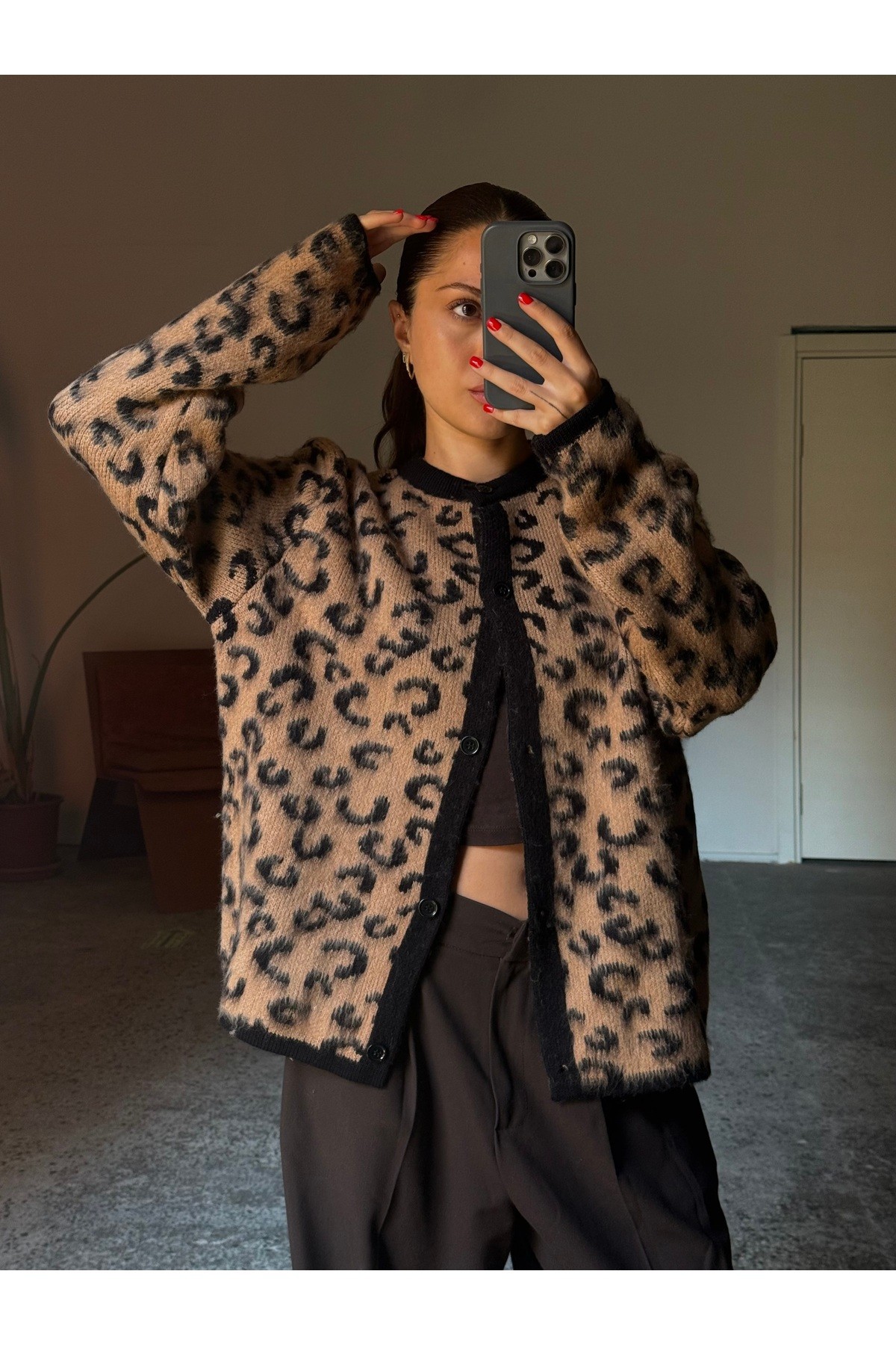 Leopar Desenli Şardonlu Hırka