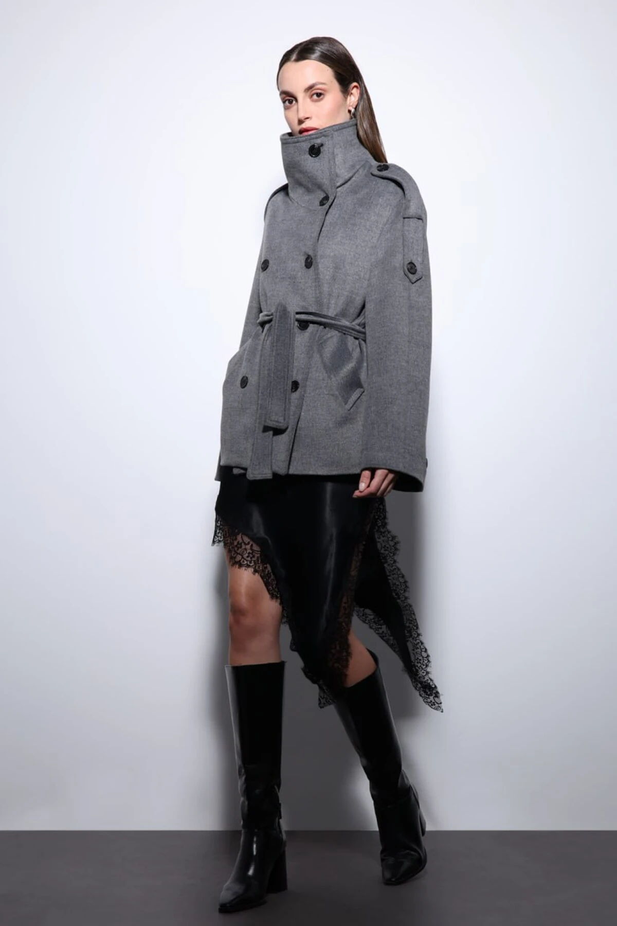 Dik Yaka Antrasit, Kuşaklı Trenç Ceket 