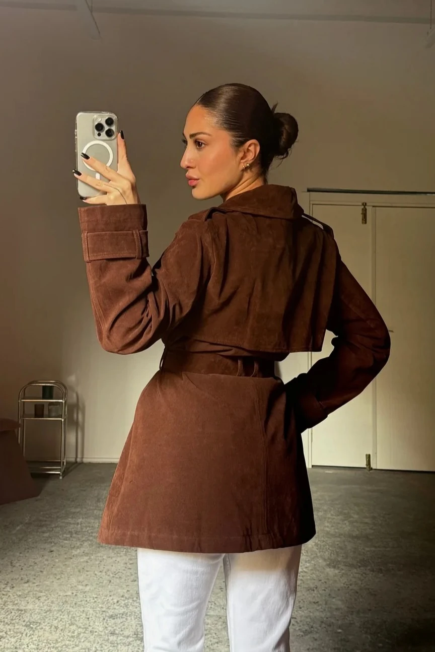 Beli Kuşaklı Süet Taba Ceket