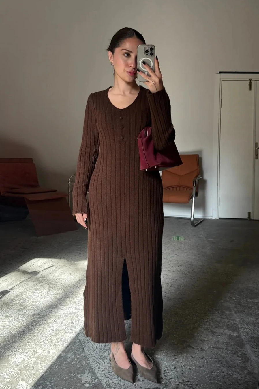 Triko, Düğmeli Midi Elbise