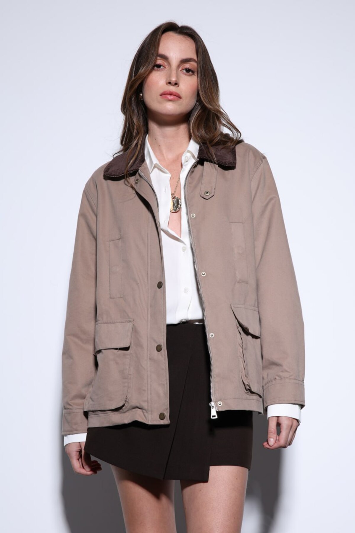 Kadife Yakalı, Cepli Oversize Mont