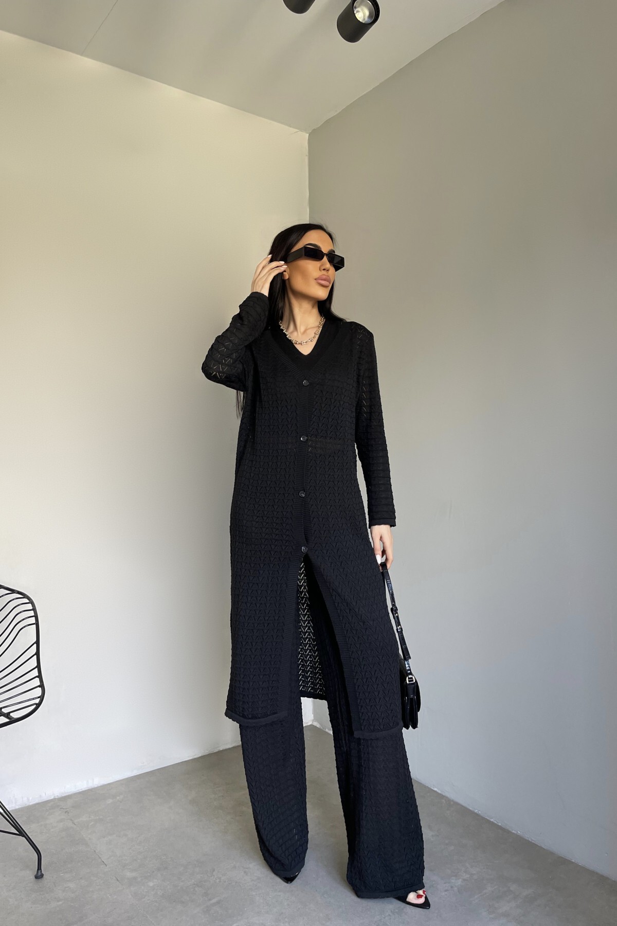 Beyaz Hırka Pantolon Crop Bluz Üçlü Kadın Takım