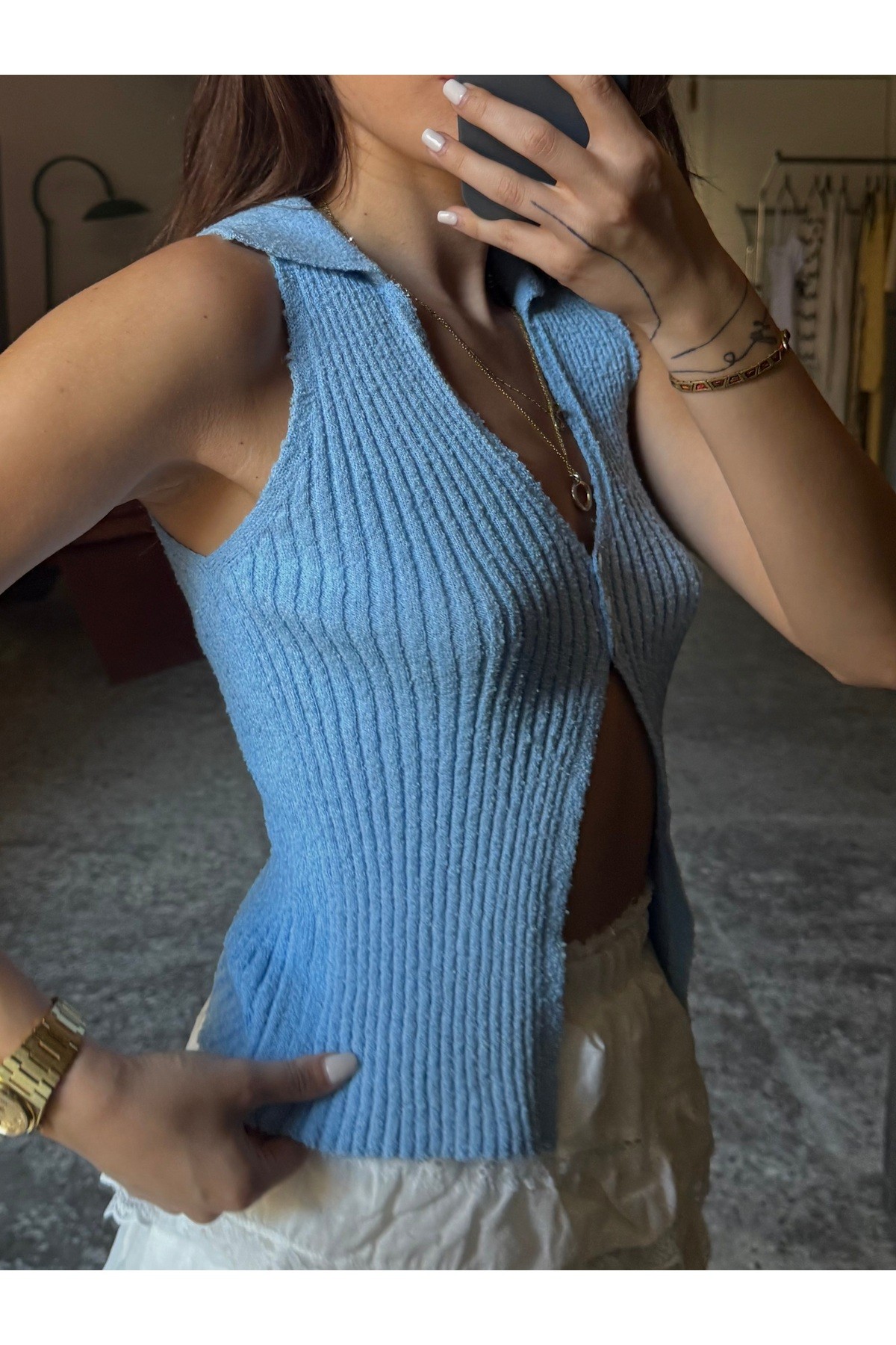 Pastel Mavi, Soft Triko Cut Out Crop Top