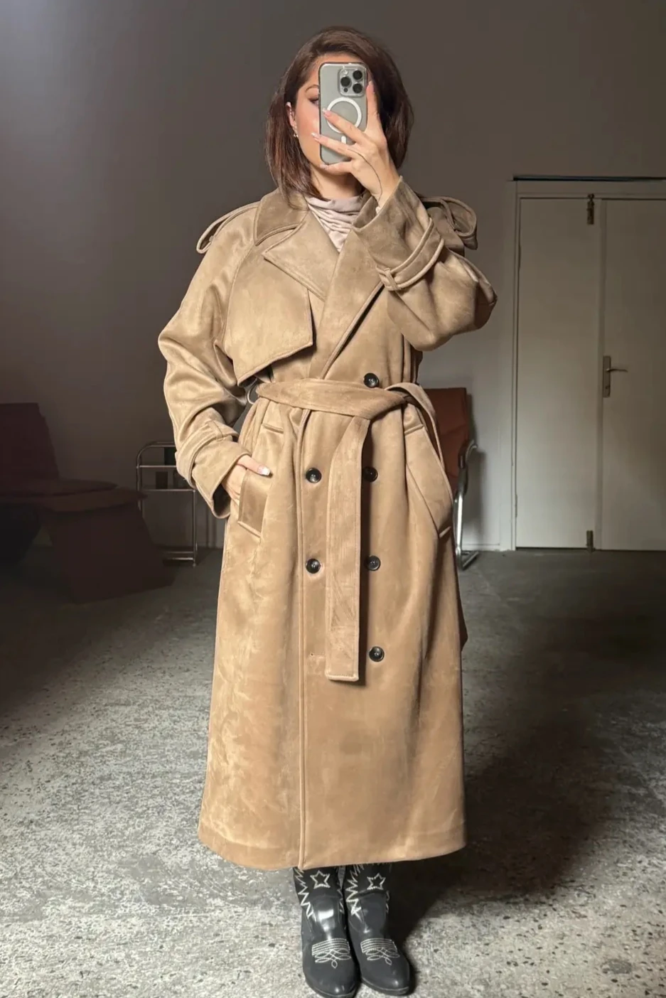 Süet, Kemerli Maxi Kaban - bej