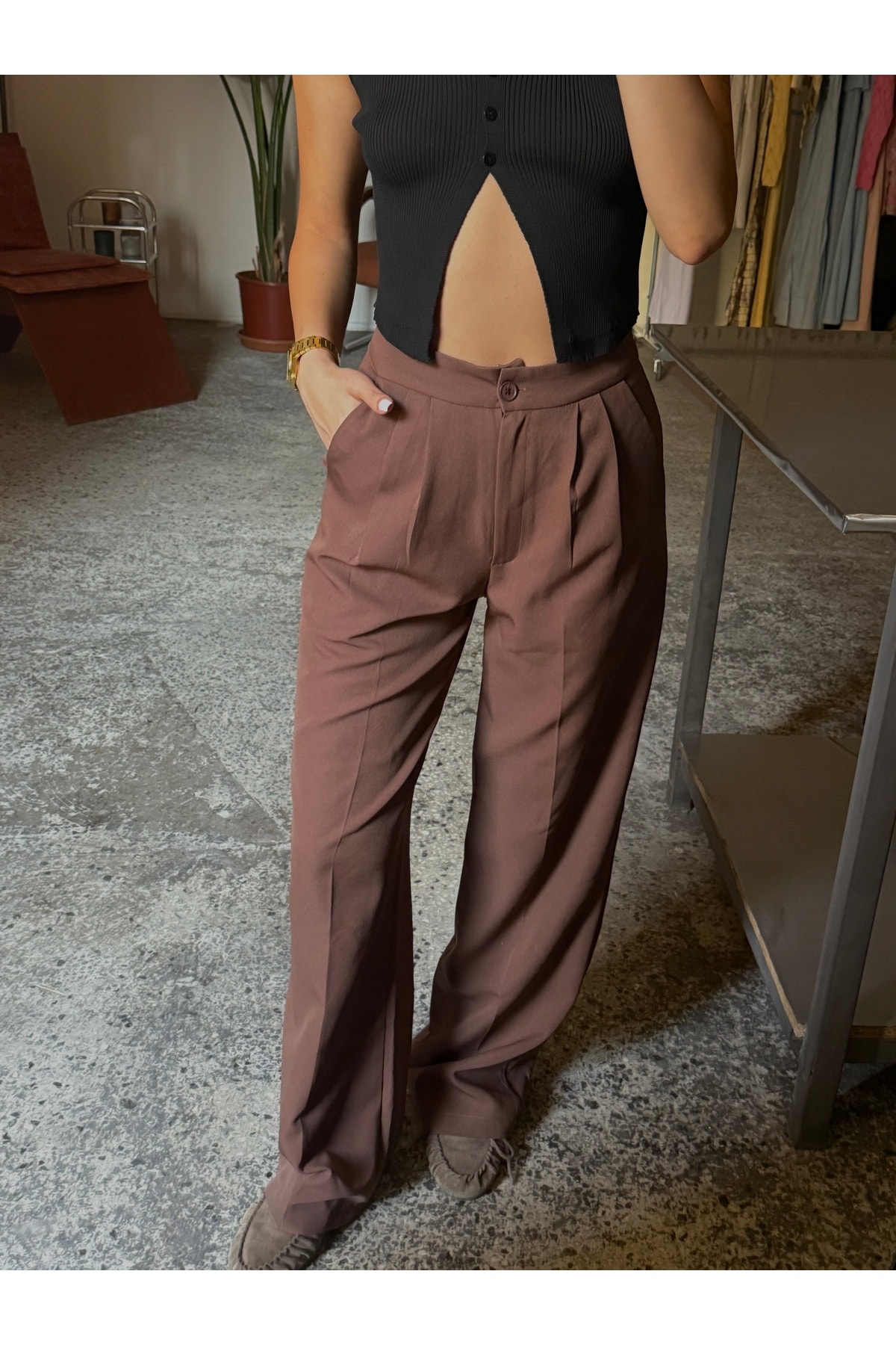 Bordo Lima Palazzo Pantolon Çımalı Oversize Kesim - kahverengi