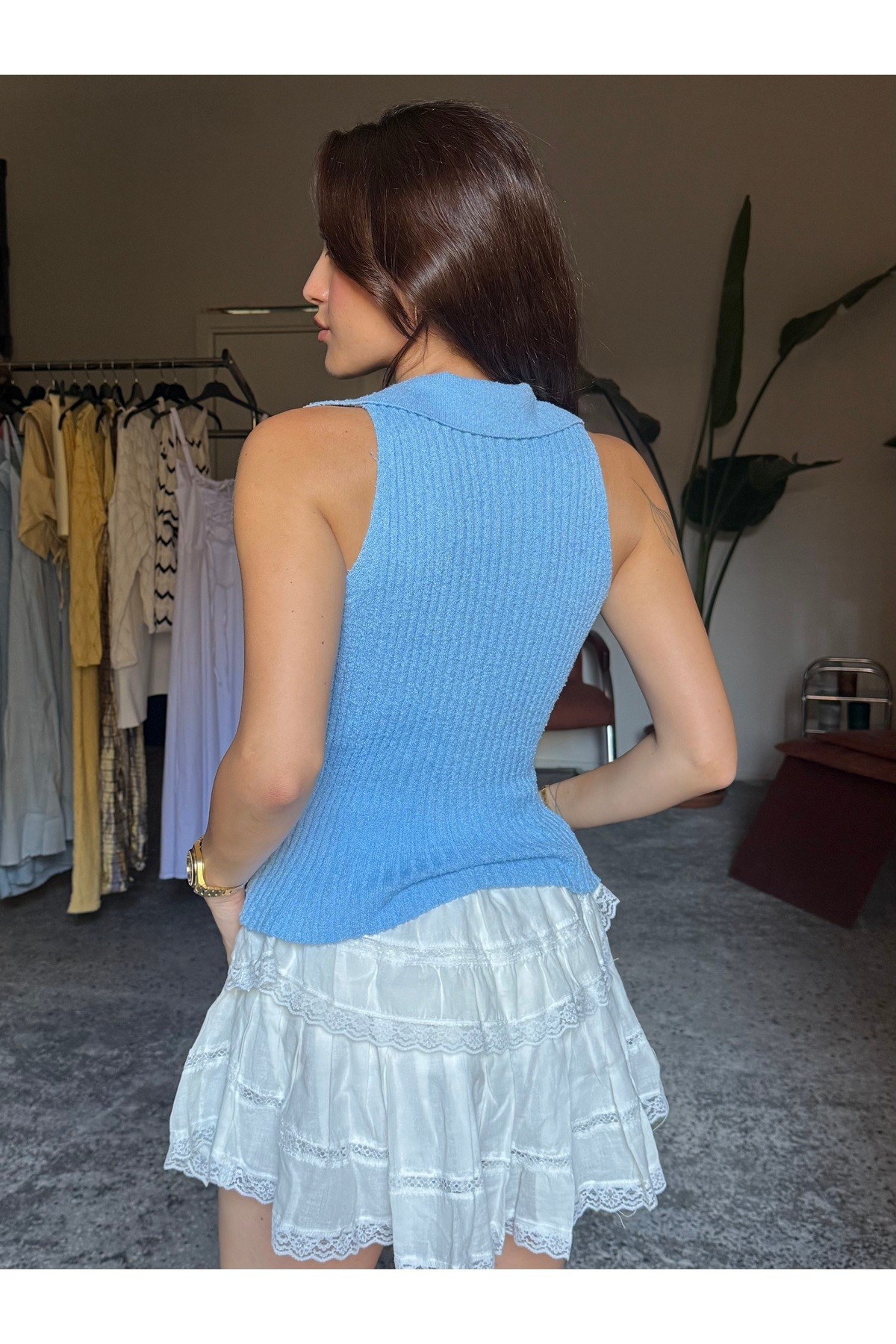 Pastel Mavi, Soft Triko Cut Out Crop Top