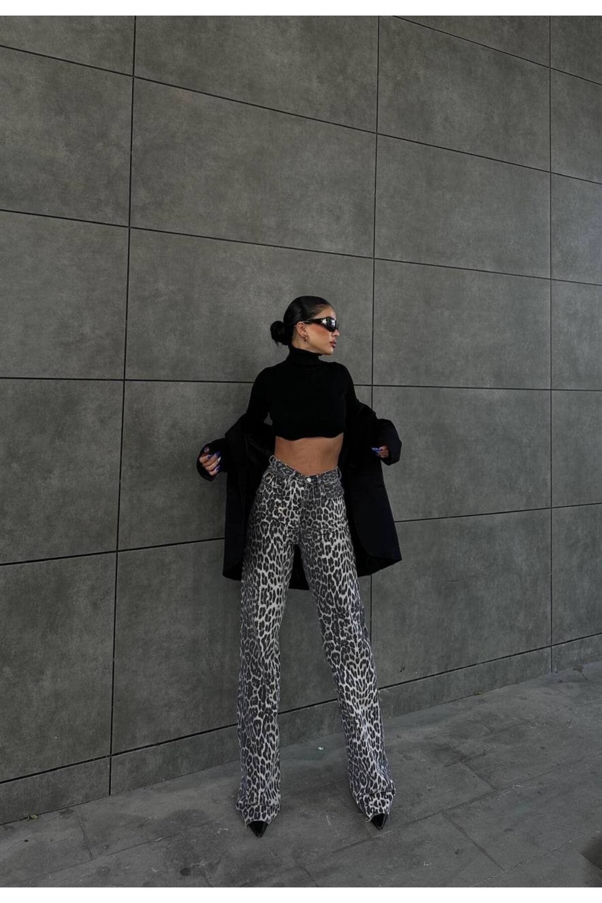 Leopar Printed Straight Kot Pantolon
