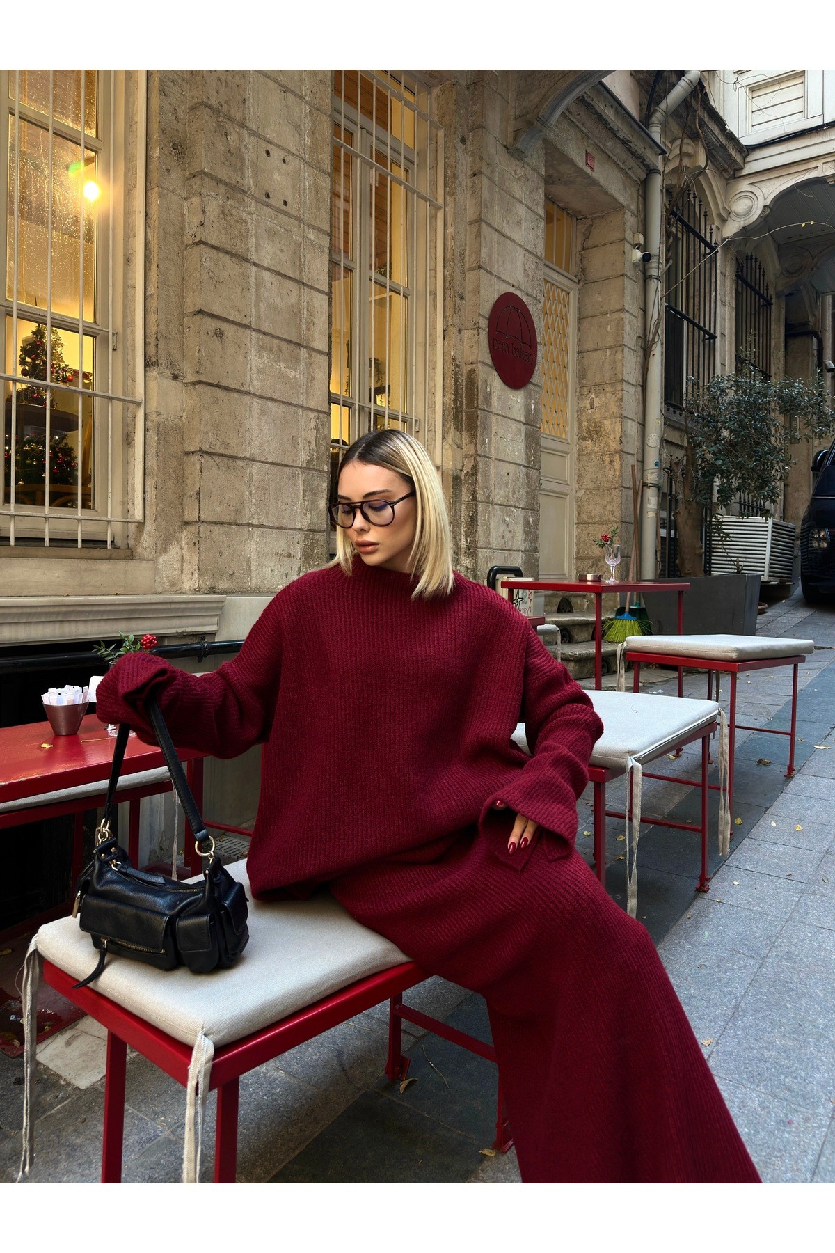 Dik Yaka Kazak - Maxi Etek 2'li Oversize Triko Takım