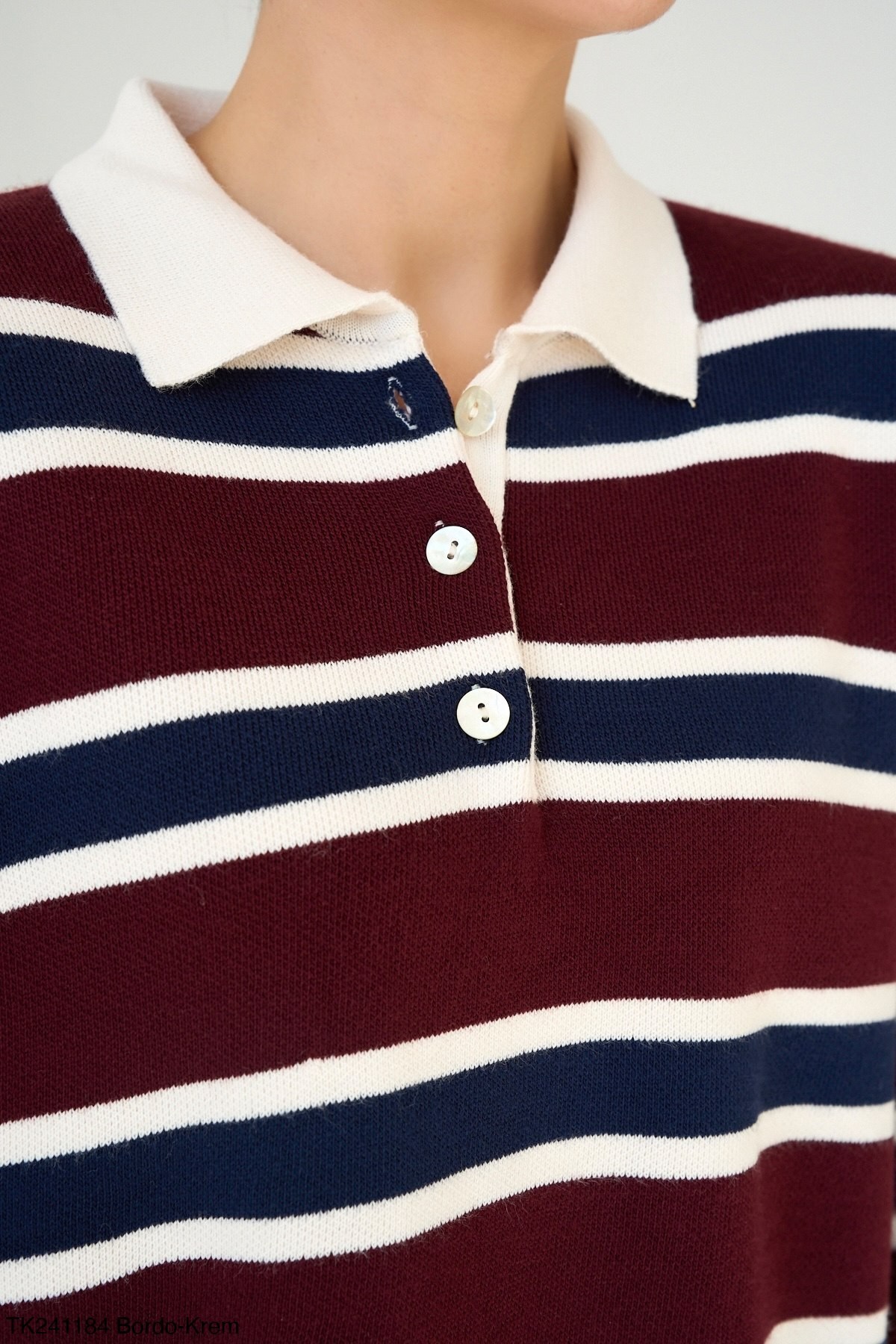 Çizgili, Polo Yaka Vintage Bordo Triko Bluz