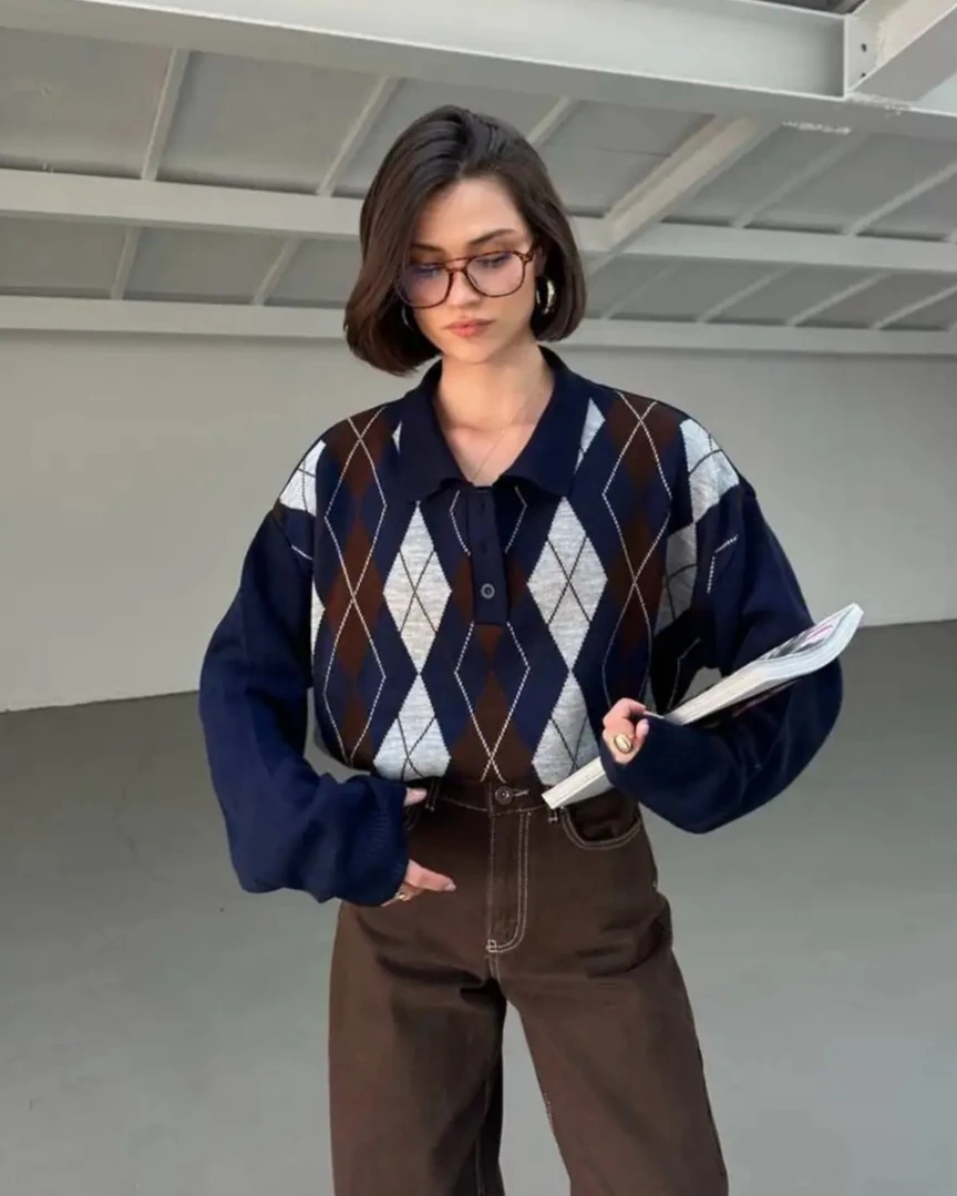 Polo Yaka, Baklava Desenli Kadın Triko Kazak - lacivert-kahverengi