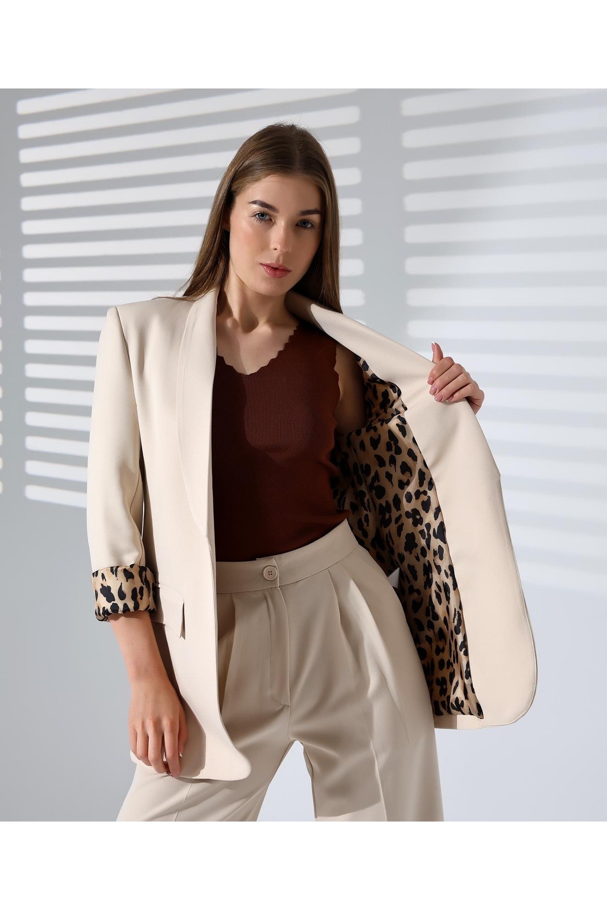 Astarı Leopar Desenli Oversize Blazer Ceket