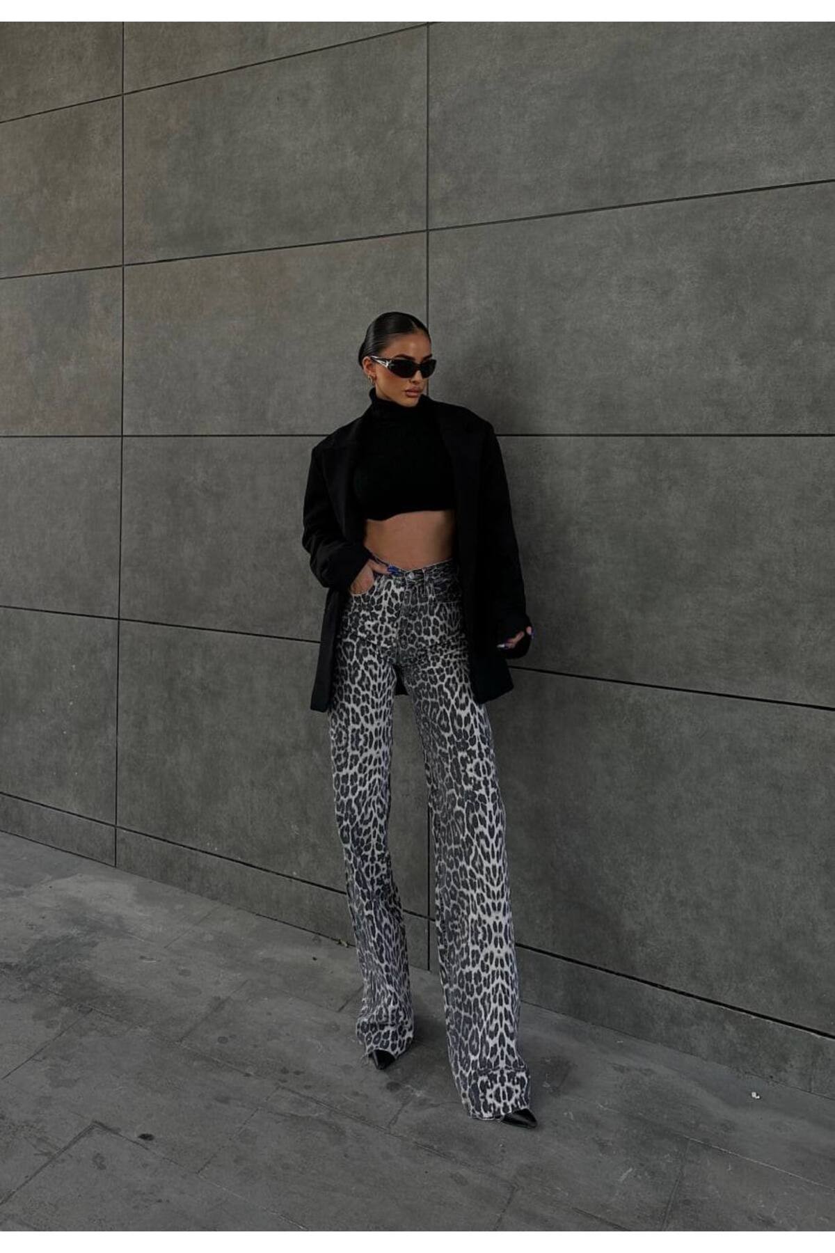 Leopar Printed Straight Kot Pantolon
