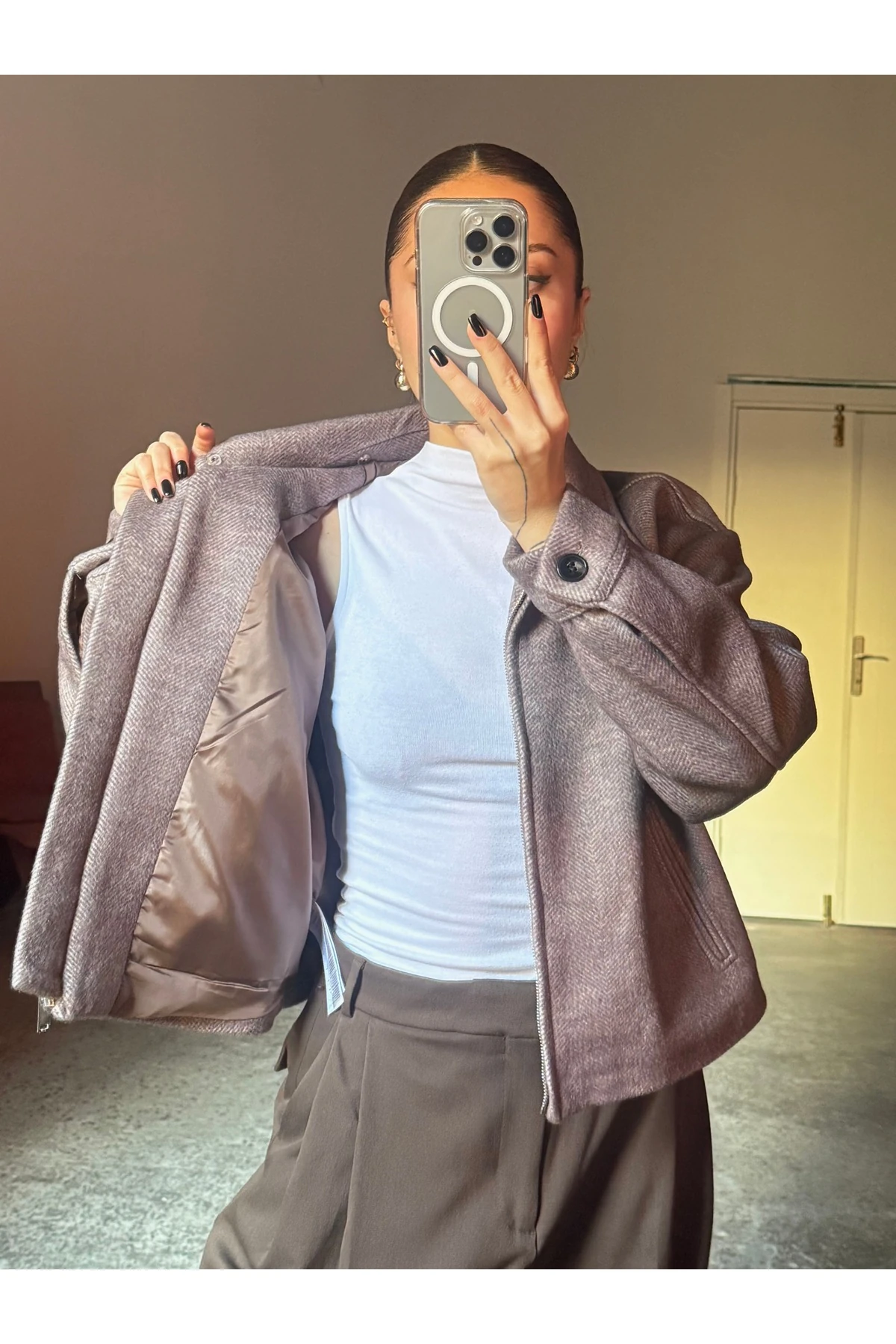 Yünlü, Yakası Çıkarılabilir Kürklü Fermuarlı Mont