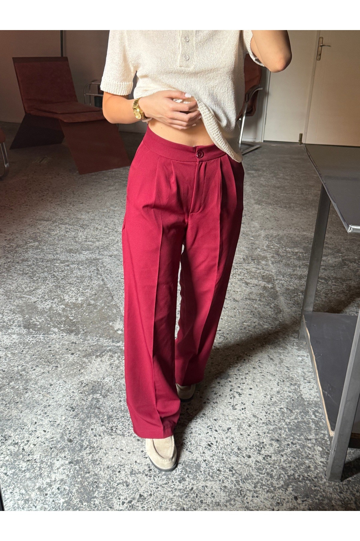 Bordo Lima Palazzo Pantolon Çımalı Oversize Kesim