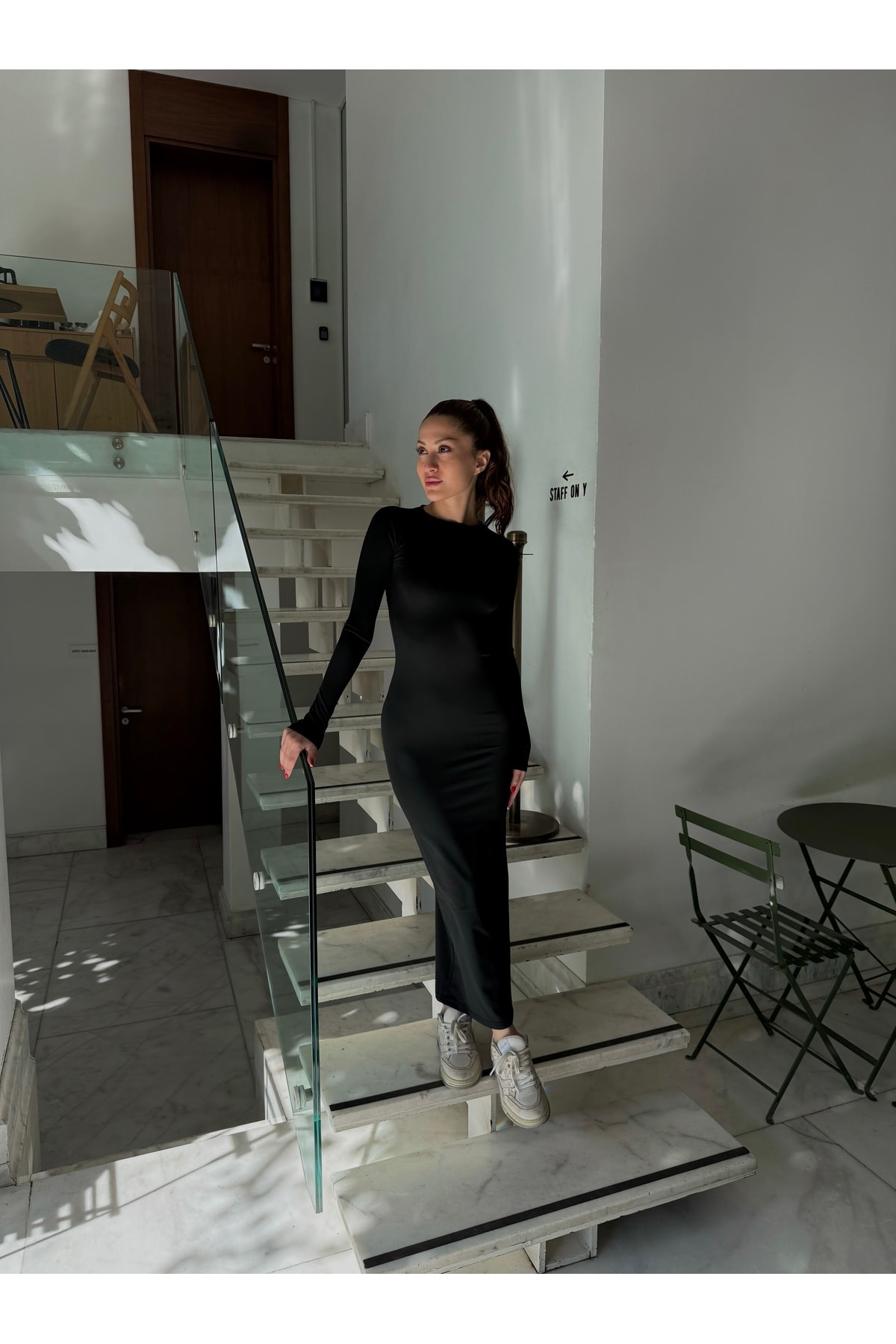 Uzun Kollu Maxi "Hailey" Basic Elbise - siyah
