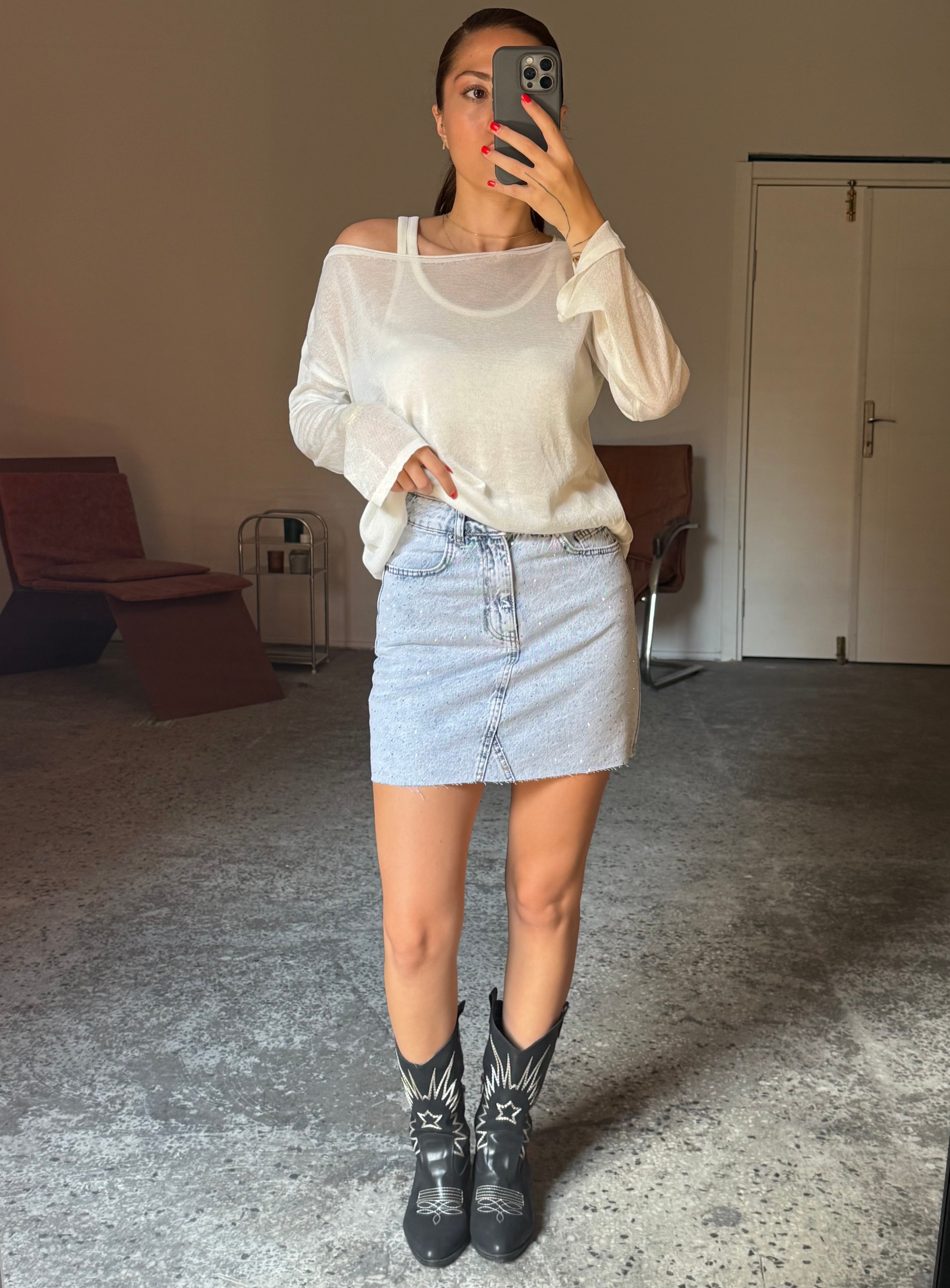 Silver Taş İşlemeli Denim Mini Etek