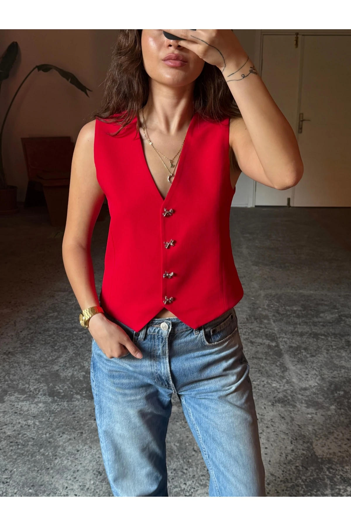 Mini yeşili Silver Kurdele Düğmeli V Yaka Scuba Yelek - kırmızı