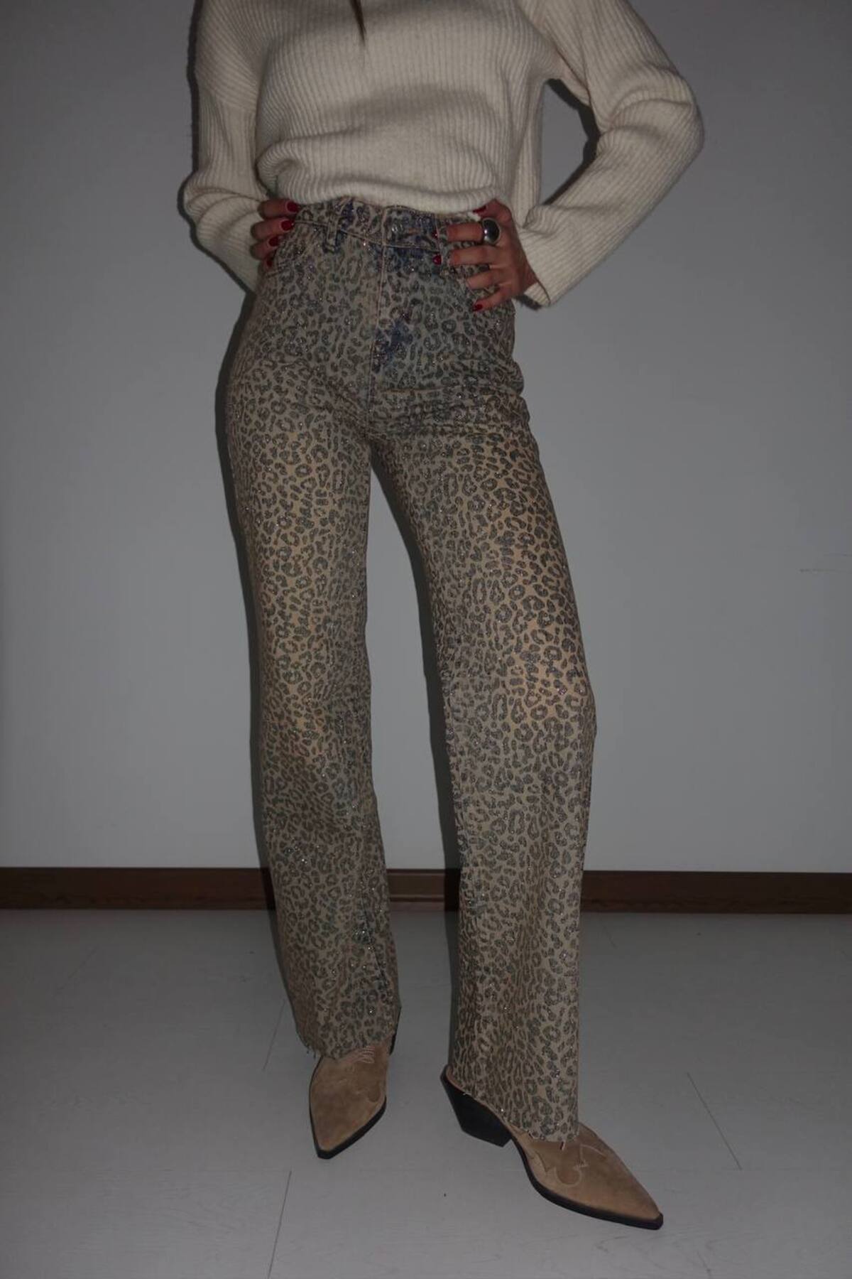 "SHINY GLITTER" Parıltılı Leopar Desenli Jean