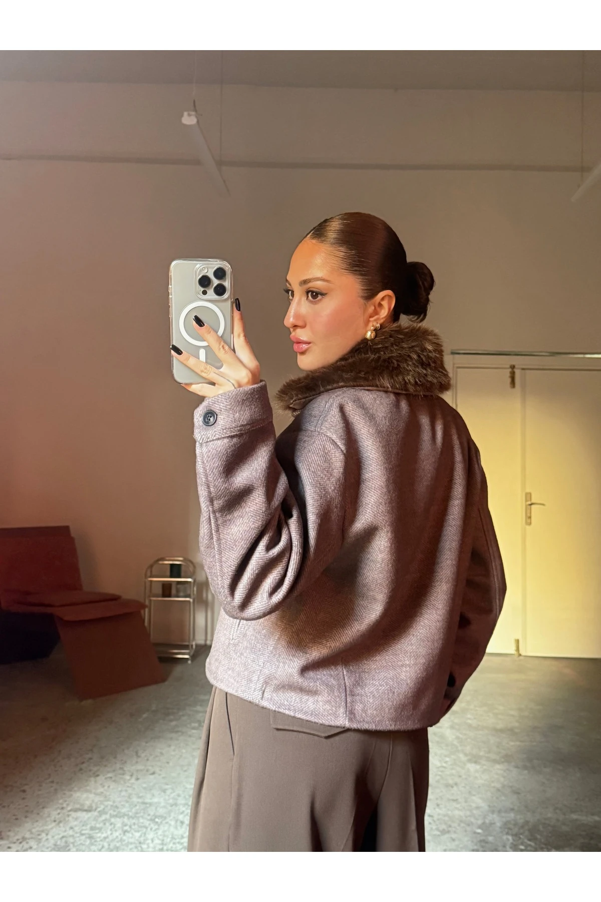 Yünlü, Yakası Çıkarılabilir Kürklü Fermuarlı Mont