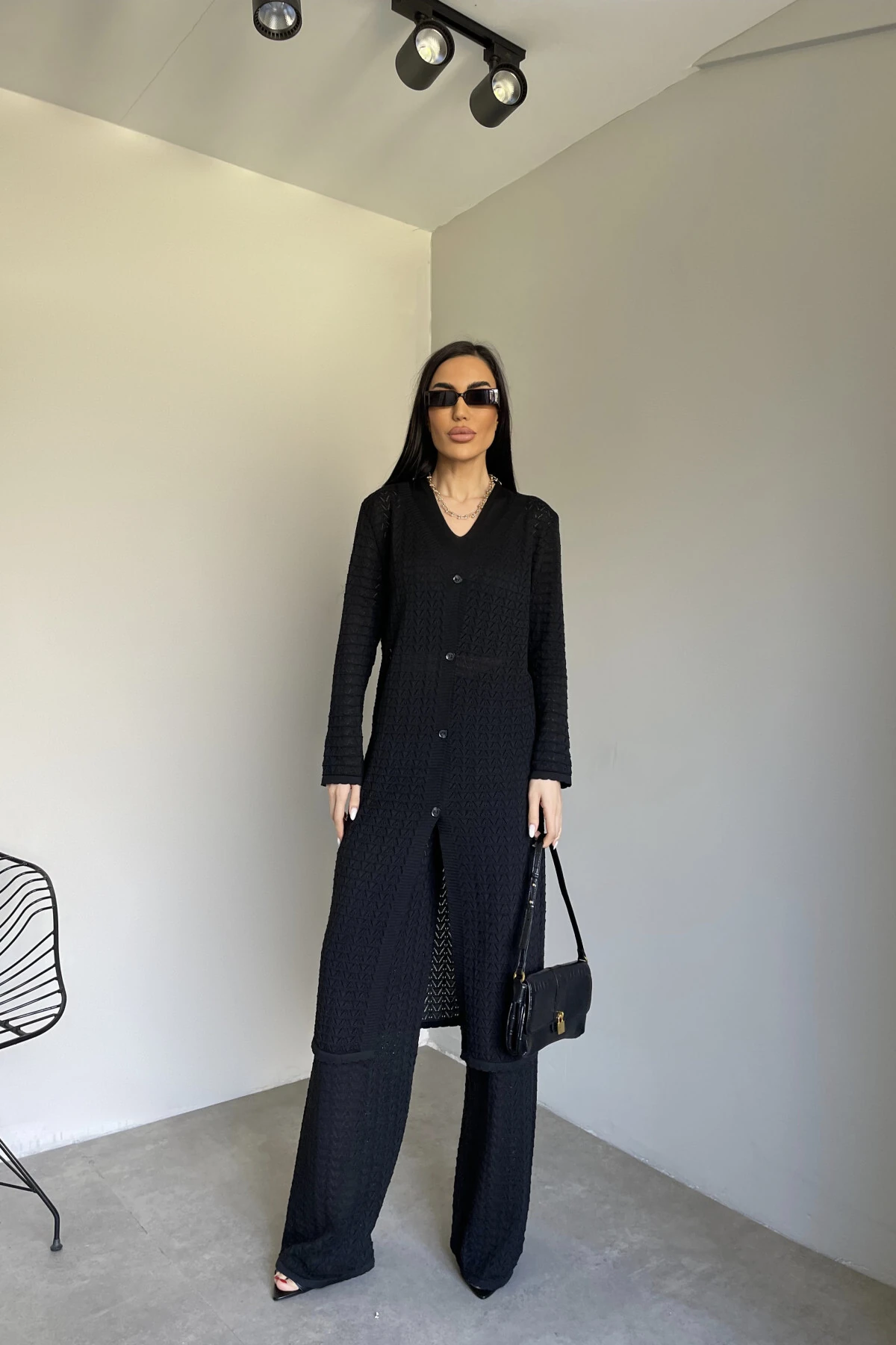 Beyaz Hırka Pantolon Crop Bluz Üçlü Kadın Takım