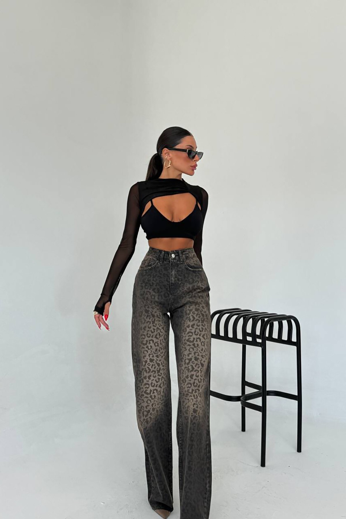 Leopar Baskılı Straight Kahverengi Kadın Jean