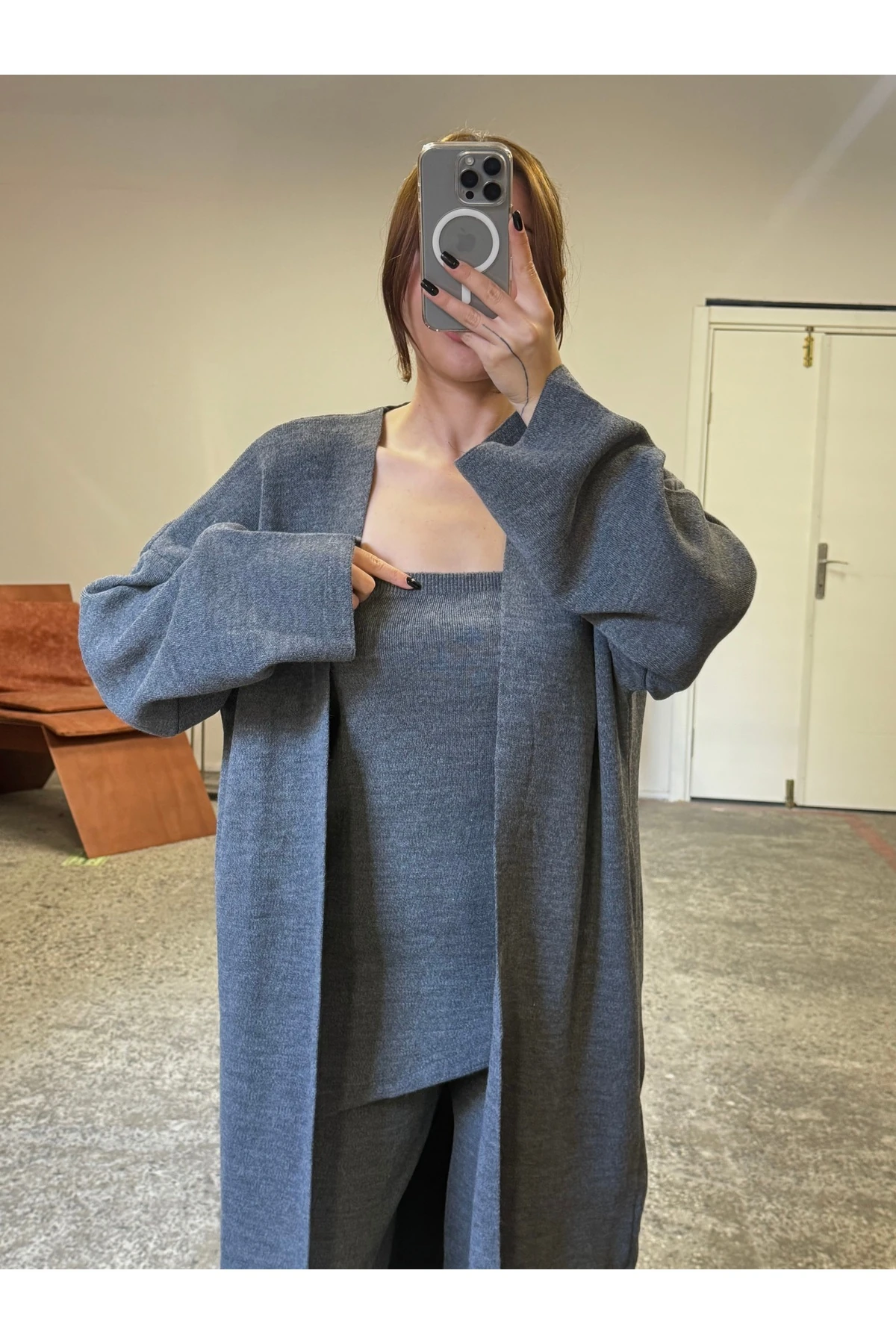 Yünlü Asimetrik Bluz-Pantolon-Hırka 3'lü Triko Takım