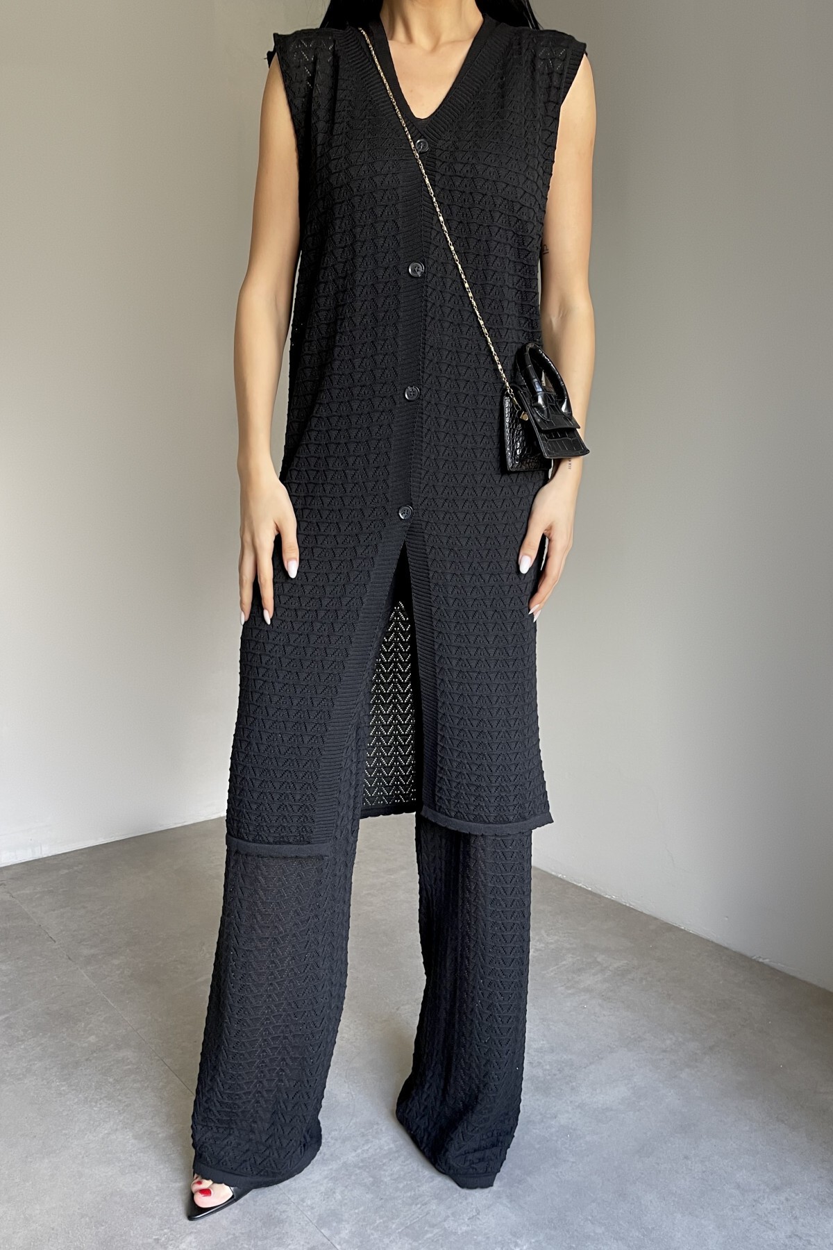 Siyah Yelek Pantolon Crop Bluz Üçlü Kadın Takım