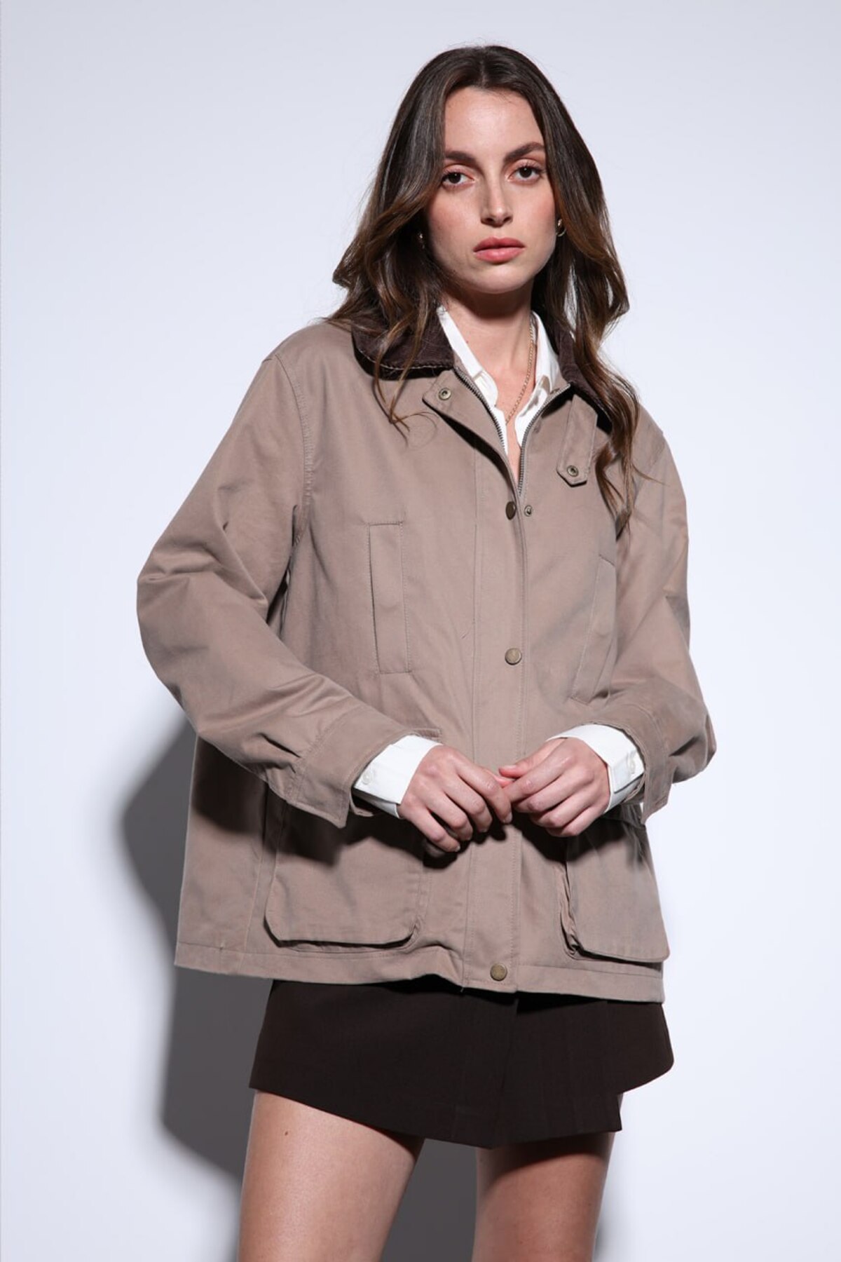 Kadife Yakalı, Cepli Oversize Mont