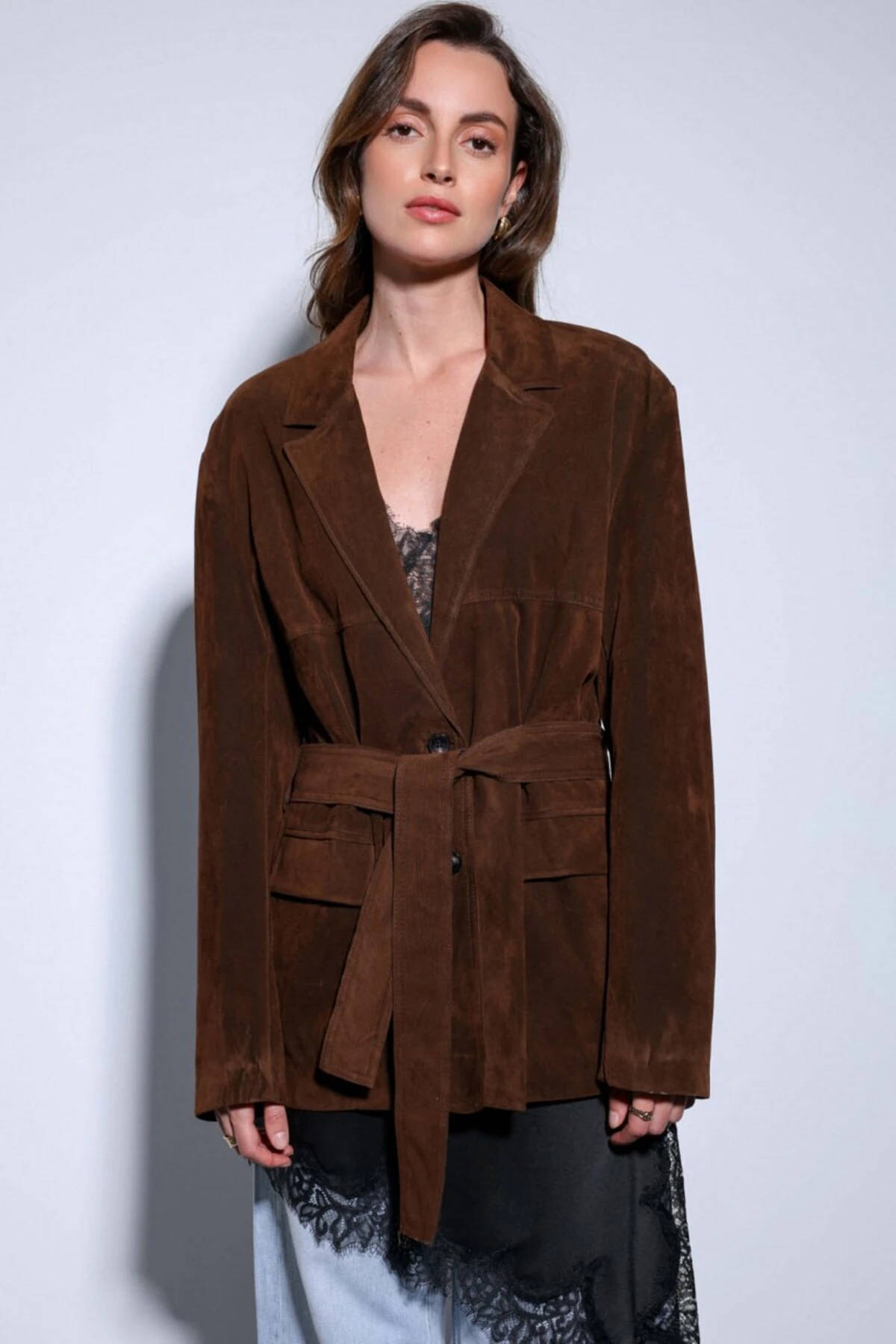 Beli Kuşaklı Süet Taba Ceket