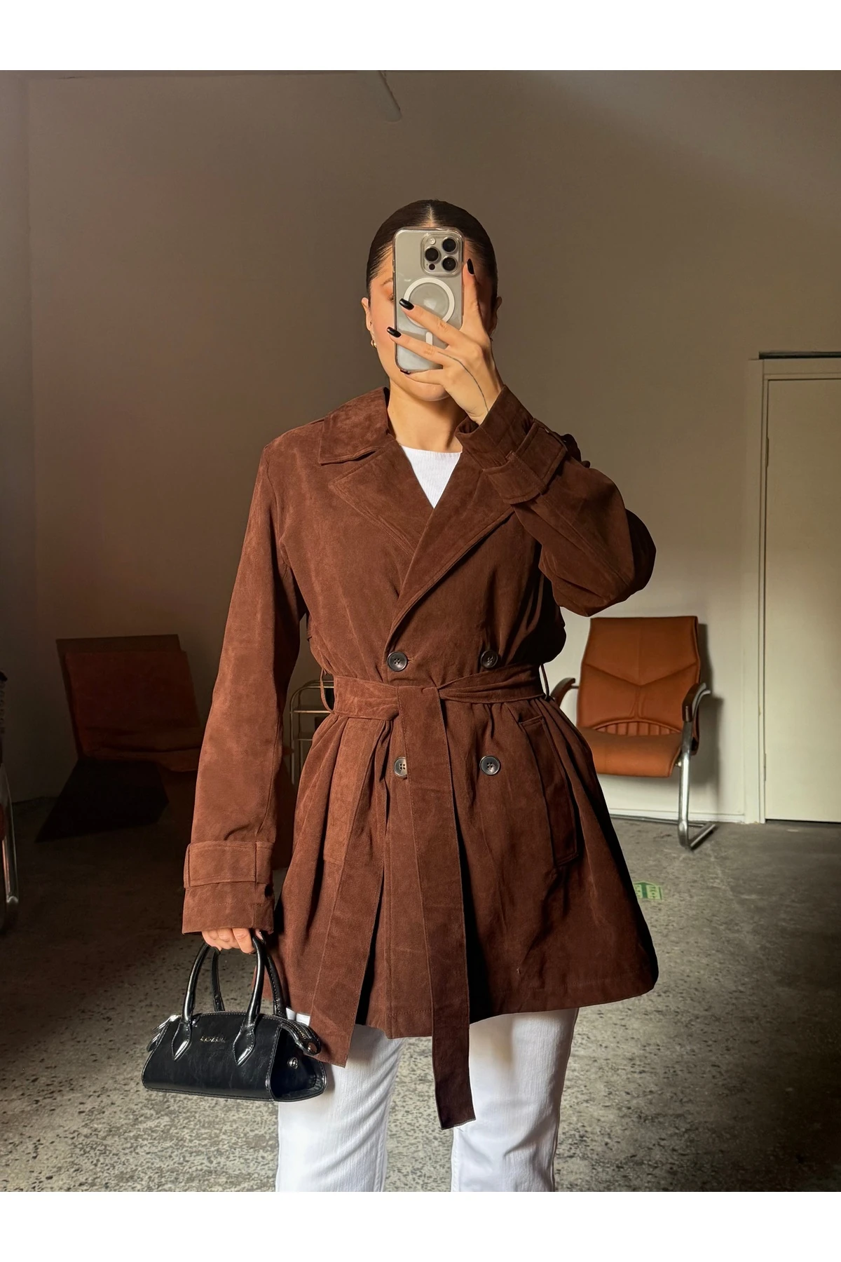 Beli Kuşaklı Süet Taba Ceket