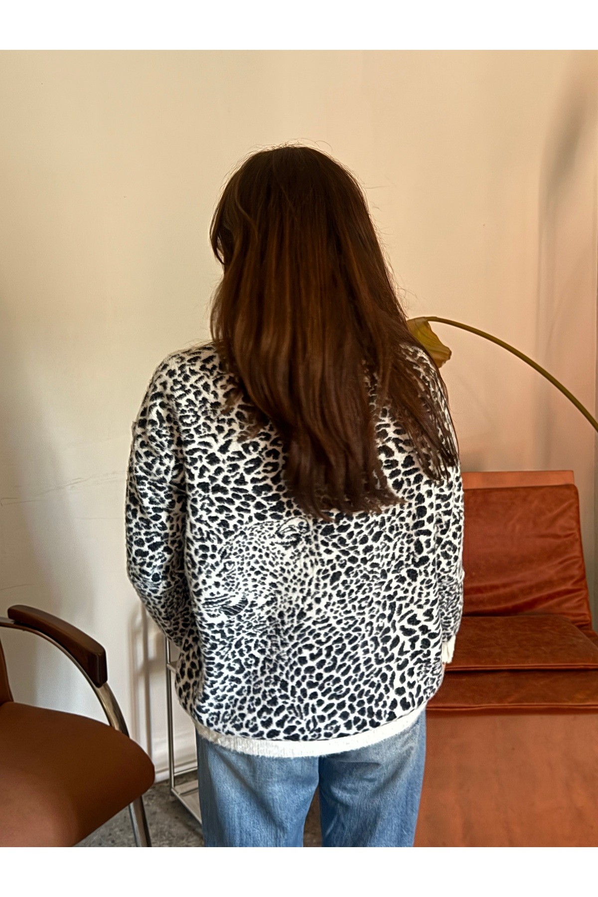Leopar Detaylı Tüylü Kadın Kazak