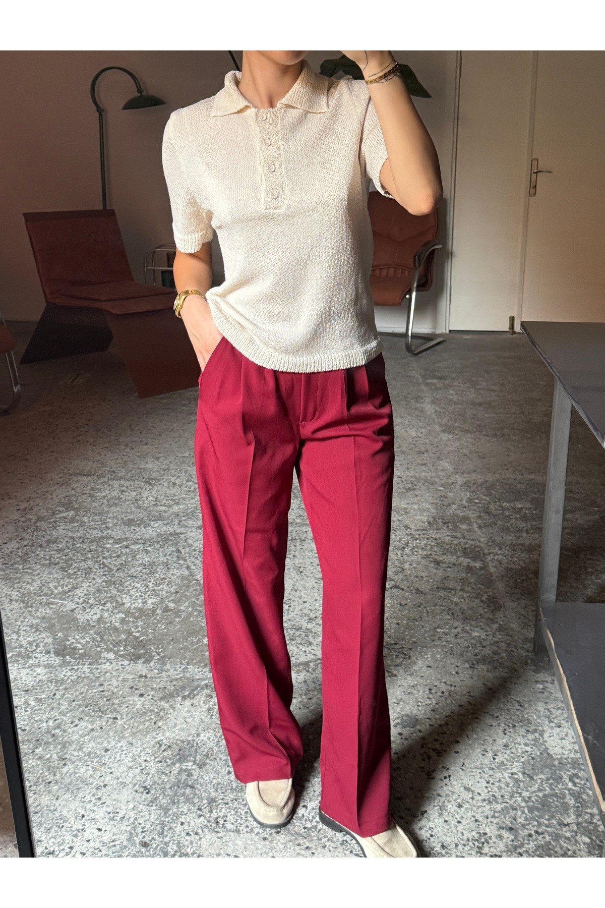 Bordo Lima Palazzo Pantolon Çımalı Oversize Kesim