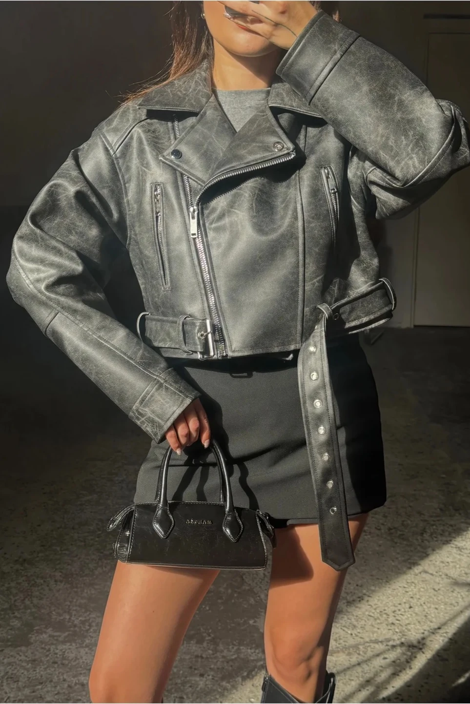 Siyah Suni Deri Crop Biker Ceket 