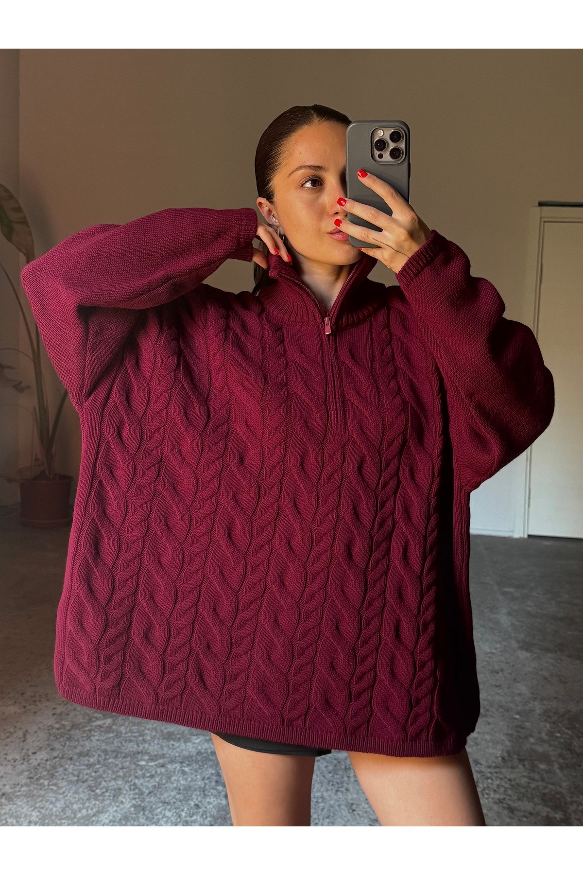 Saç Örgü Desenli Yarım Fermuarlı Kadın Oversize Kazak