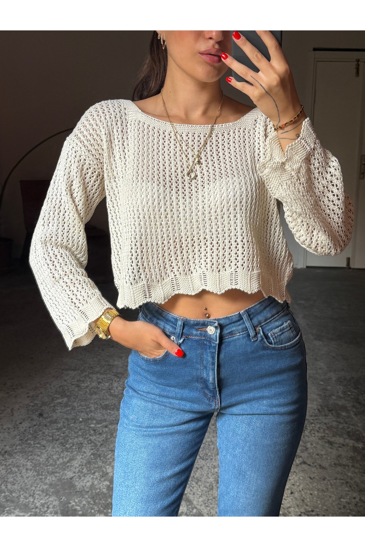 Ajurlu Ekru Uzun Kol Crop
