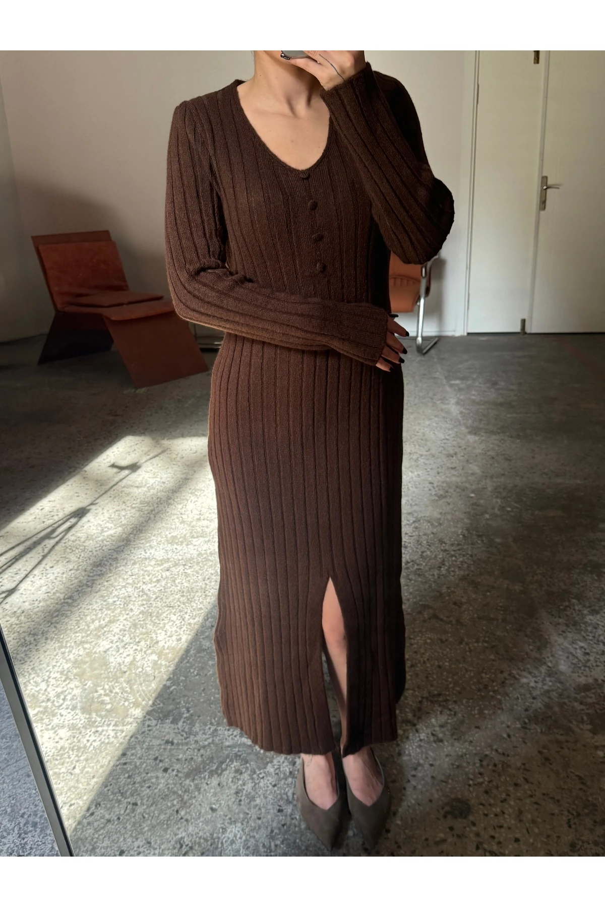 Triko, Düğmeli Midi Elbise