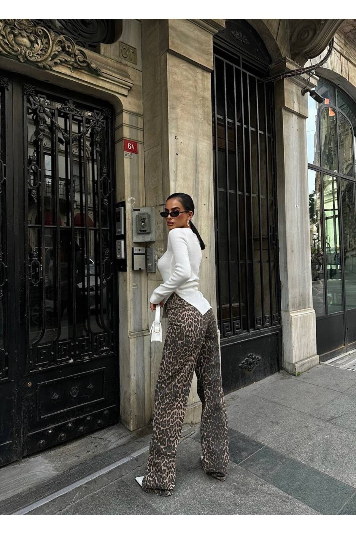 Kadın Leopar Desenli Flare Jean
