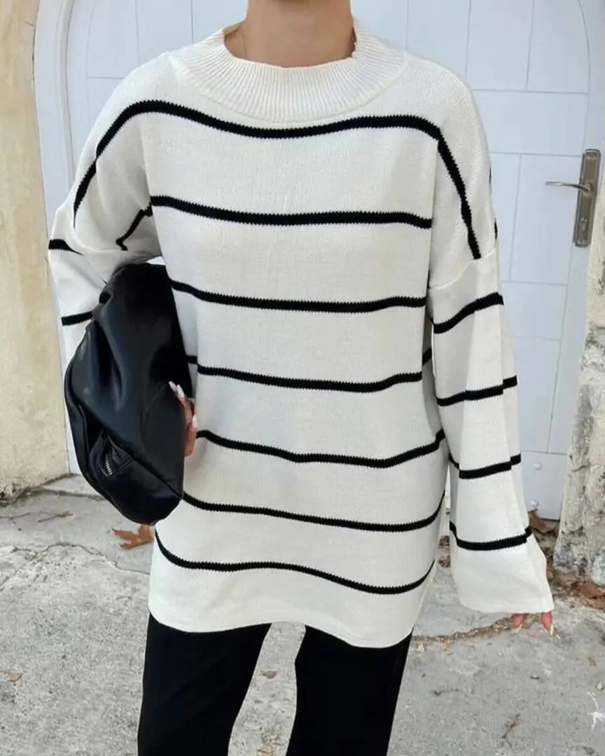 Bisiklet Yaka Siyah Çizgili Oversize Kazak