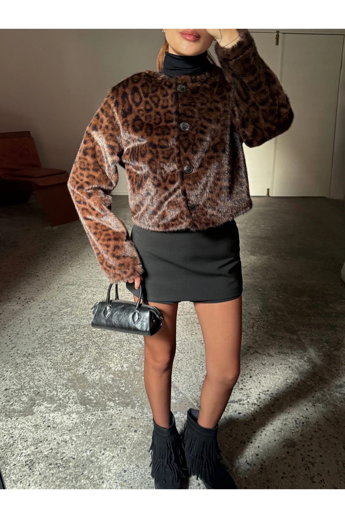 Süet Astarlı, Leopar Desen Kısa Kürklü Ceket